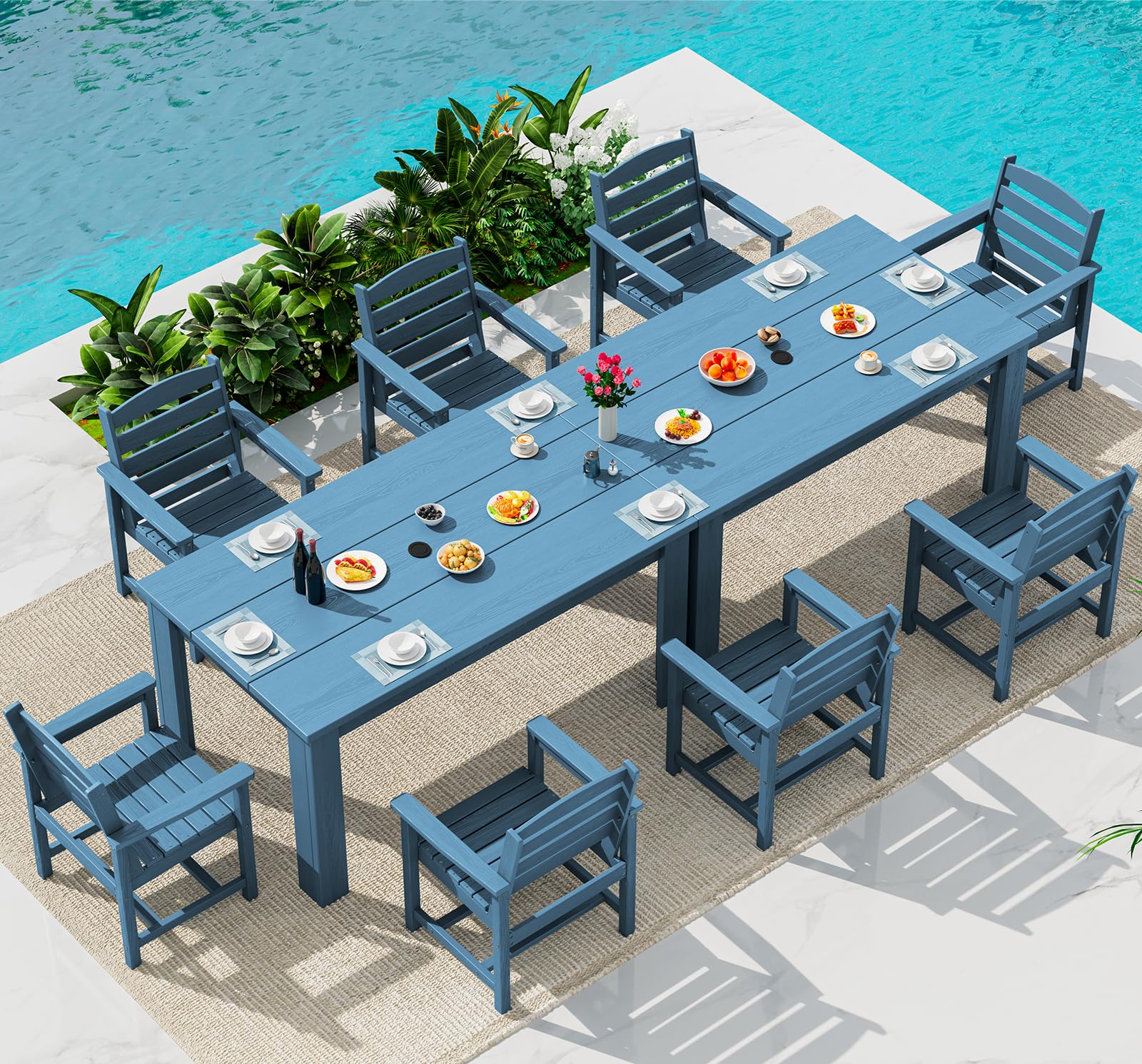 SERWALL HDPE Dining Set for 6: 1 Umbrella Hole Table, 4 Armless + 2 Armchairs. Includes 6 Plastic Woven Placemats – Heat-Resistant, Non-Slip & Easy to Clean. for Patio, Garden, Backyard. Black