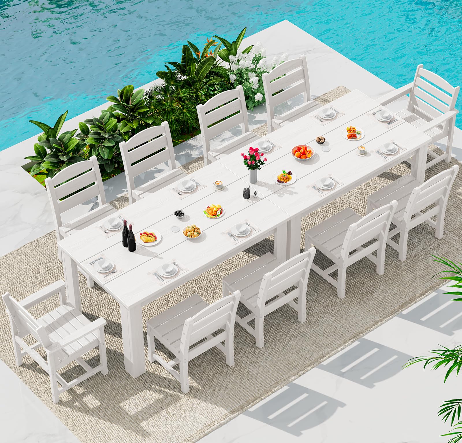 SERWALL HDPE Dining Set for 6: 1 Umbrella Hole Table, 4 Armless + 2 Armchairs. Includes 6 Plastic Woven Placemats – Heat-Resistant, Non-Slip & Easy to Clean. for Patio, Garden, Backyard. Black