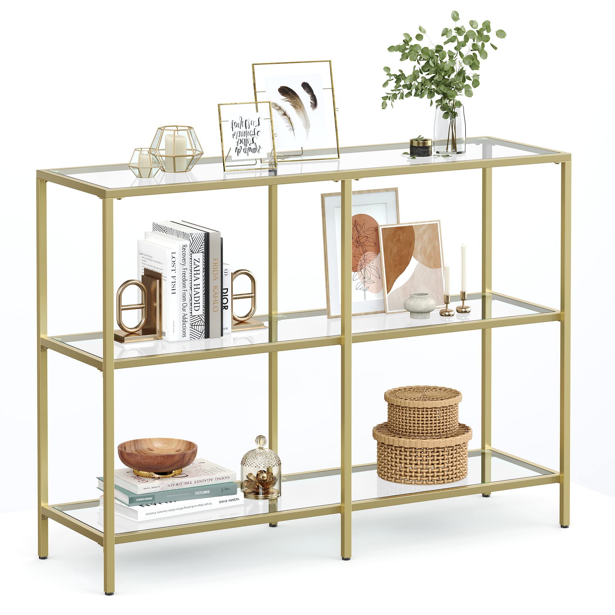 VASAGLE 39.4 Inch Console Table with 3 Shelves, Sofa Tables, Modern Entryway Table, Metal Frame, Tempered Glass Shelf, Entryway Living Room Bedroom, Classic Black and Transparent ULGT027B01