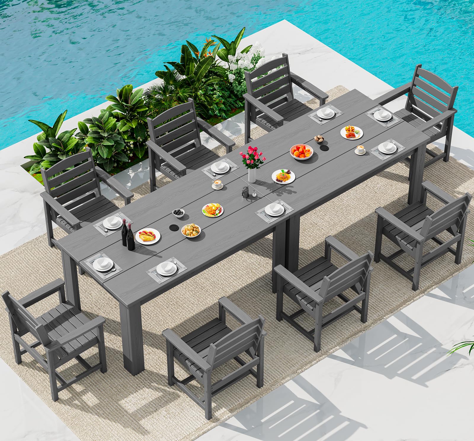 SERWALL HDPE Dining Set for 6: 1 Umbrella Hole Table, 4 Armless + 2 Armchairs. Includes 6 Plastic Woven Placemats – Heat-Resistant, Non-Slip & Easy to Clean. for Patio, Garden, Backyard. Black