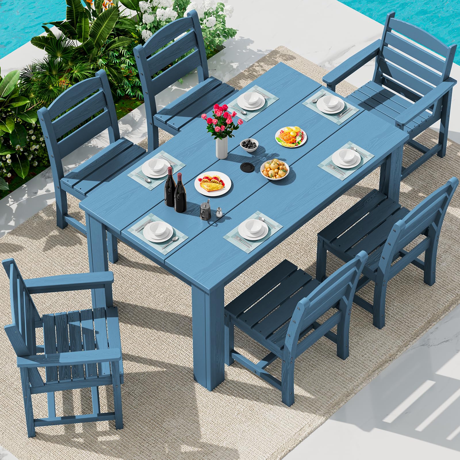 SERWALL HDPE Dining Set for 6: 1 Umbrella Hole Table, 4 Armless + 2 Armchairs. Includes 6 Plastic Woven Placemats – Heat-Resistant, Non-Slip & Easy to Clean. for Patio, Garden, Backyard. Black
