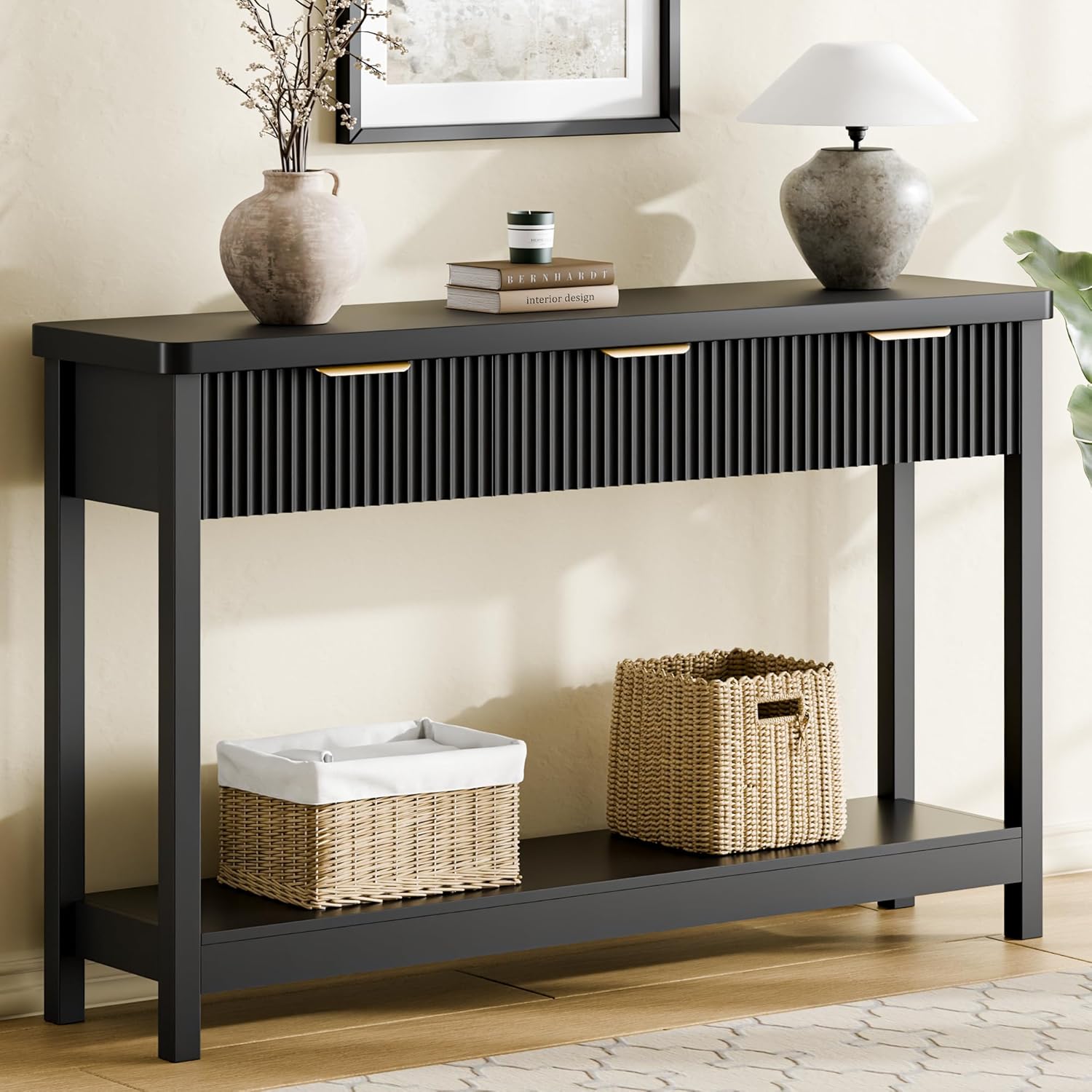 Lulive 51" Fluted Console Table for Entryway, Entryway Table with 3 Wooden Drawers, Farmhouse Behind Sofa Table for Living Room, Hallway, Couch, Foyer
