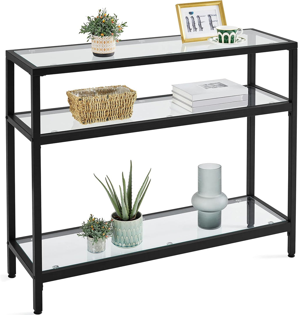 Yaheetech 39.5" Console Table with 3 Storage Shelves,Tempered Glass Sofa Table, Modern Entryway Tables with Metal Frame for Hallway Living Room Bedroom, Easy Assembly, Black
