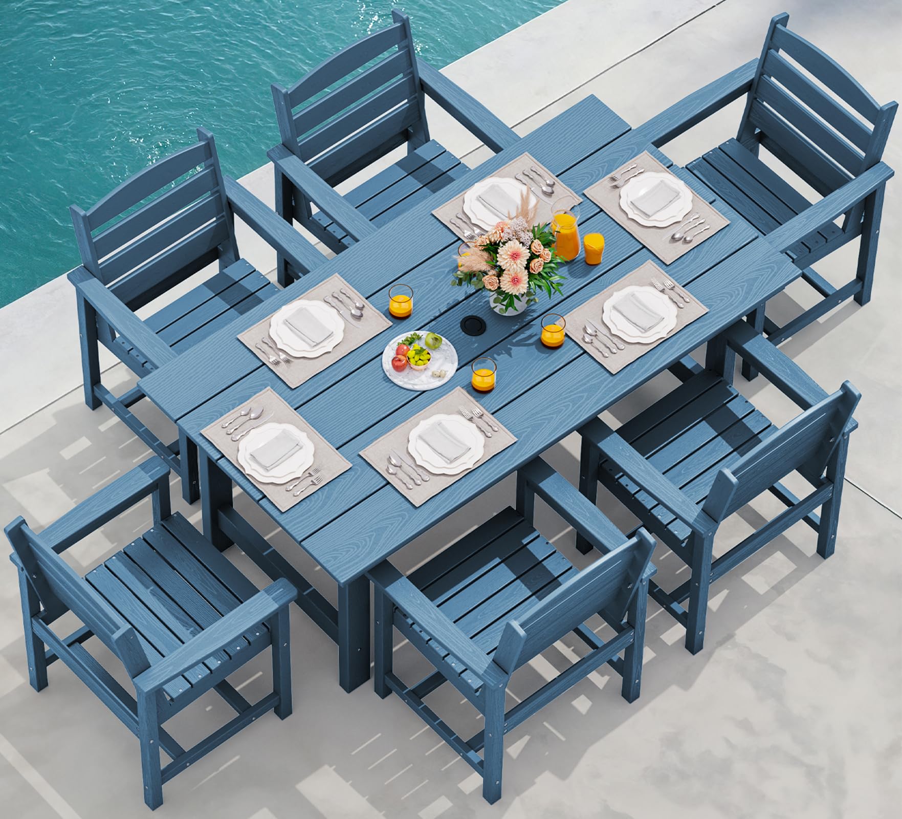 SERWALL Outdoor HDPE Dining Table Set, 7-Piece Outdoor Dining Table Sets with Umbrella Hole Cut-Out Table and 6 Chairs, Gray