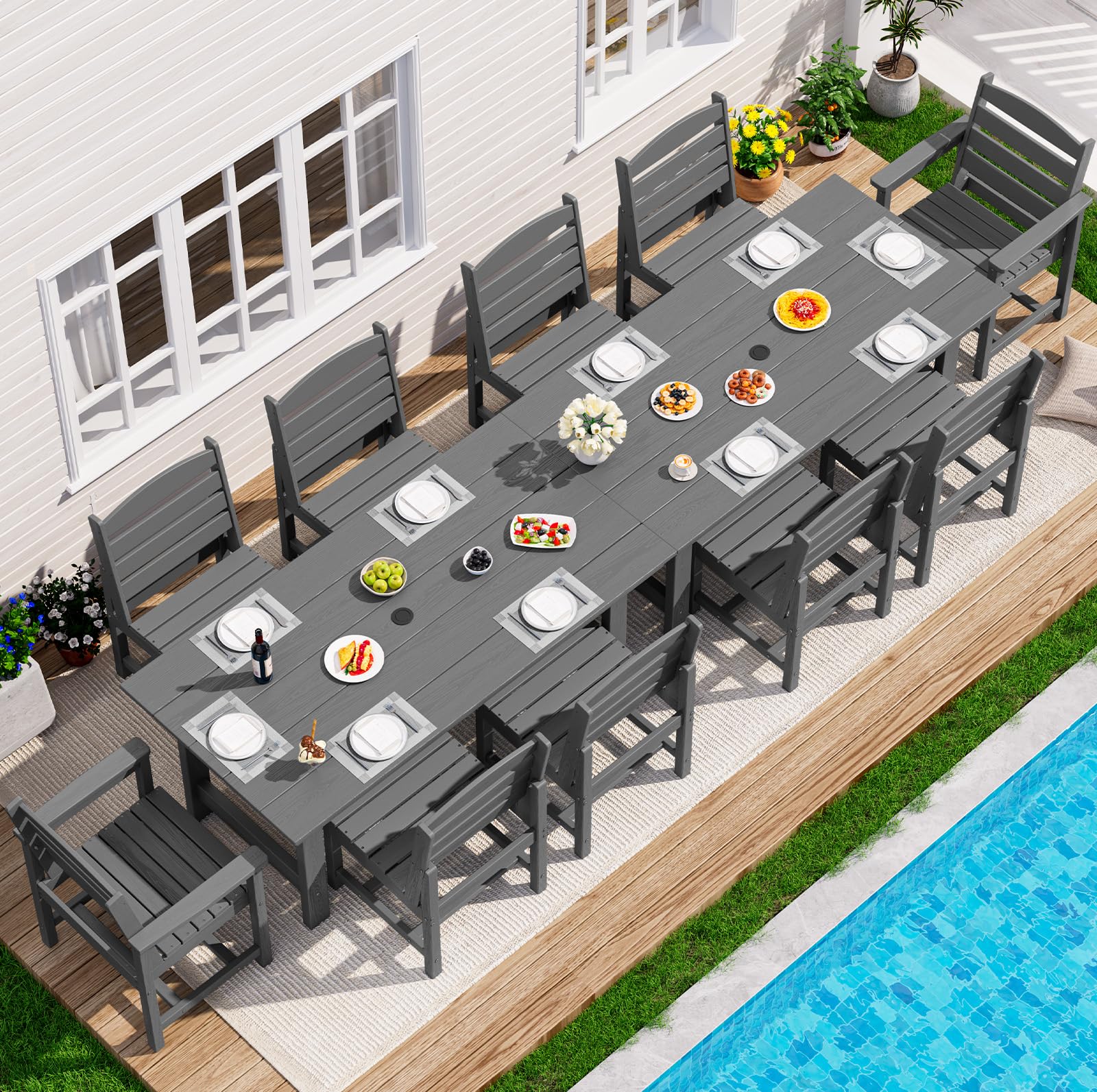 SERWALL Outdoor HDPE Dining Table Set, 7-Piece Outdoor Dining Table Sets with Umbrella Hole Cut-Out Table and 6 Chairs, Gray