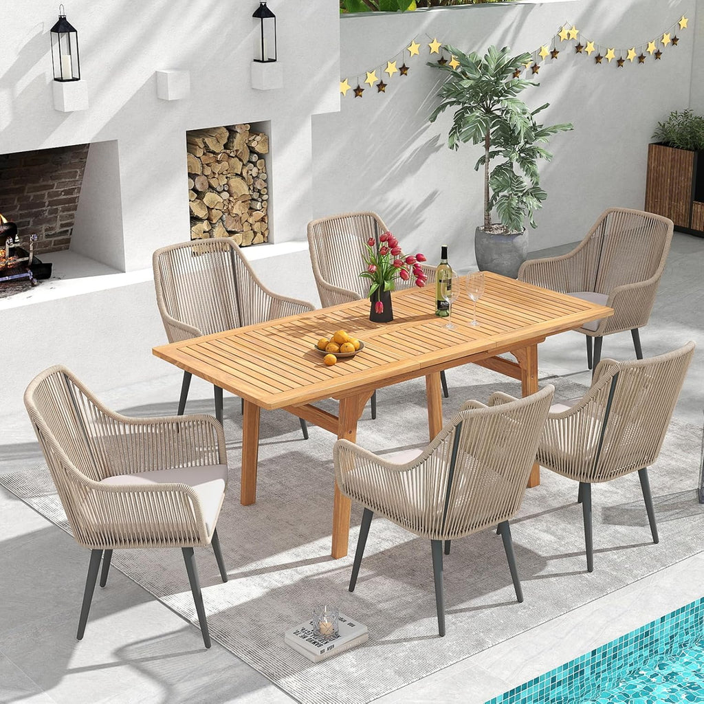 Patiorama 7-Piece Outdoor Dining Set, Patio Wicker Dining Table Chair Set with 55"-71" Acacia Wood Expandable Table & Twisted Rattan Rope Chairs, All-Weather Dining Furniture Set for Yard Garden, Tan