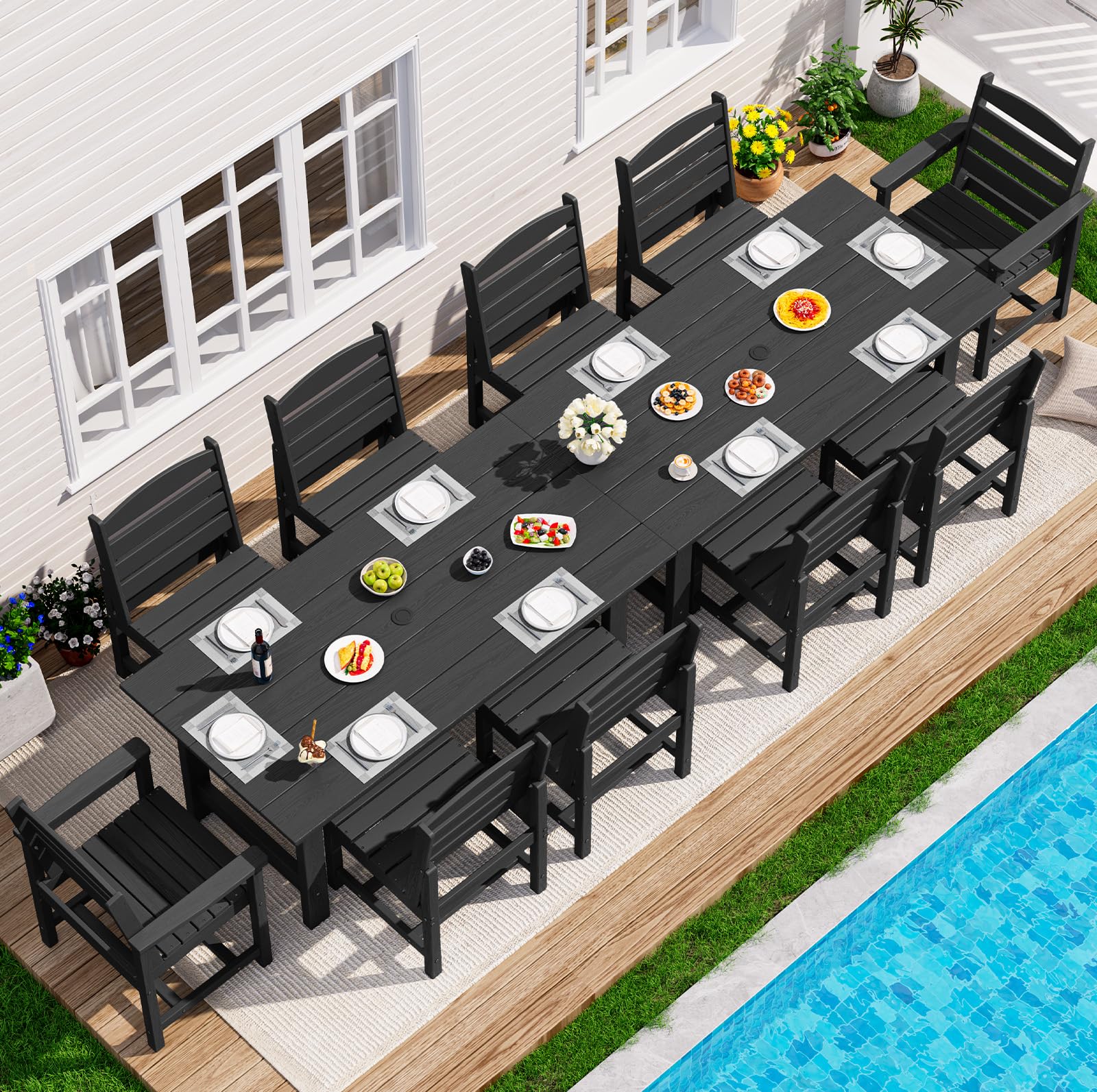 SERWALL Outdoor HDPE Dining Table Set, 7-Piece Outdoor Dining Table Sets with Umbrella Hole Cut-Out Table and 6 Chairs, Gray