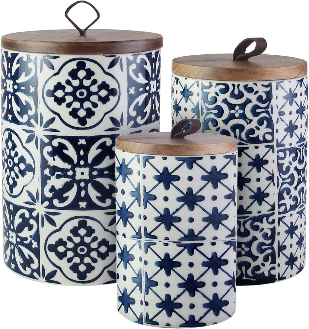 American Atelier Medallions Canister Set 3-Piece Ceramic Jars in Chic Design With Lids for Cookies, Candy, Coffee, Flour, Sugar, Rice, Pasta, Cereal & More Blue