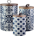 American Atelier Medallions Canister Set 3-Piece Ceramic Jars in Chic Design With Lids for Cookies, Candy, Coffee, Flour, Sugar, Rice, Pasta, Cereal & More Blue