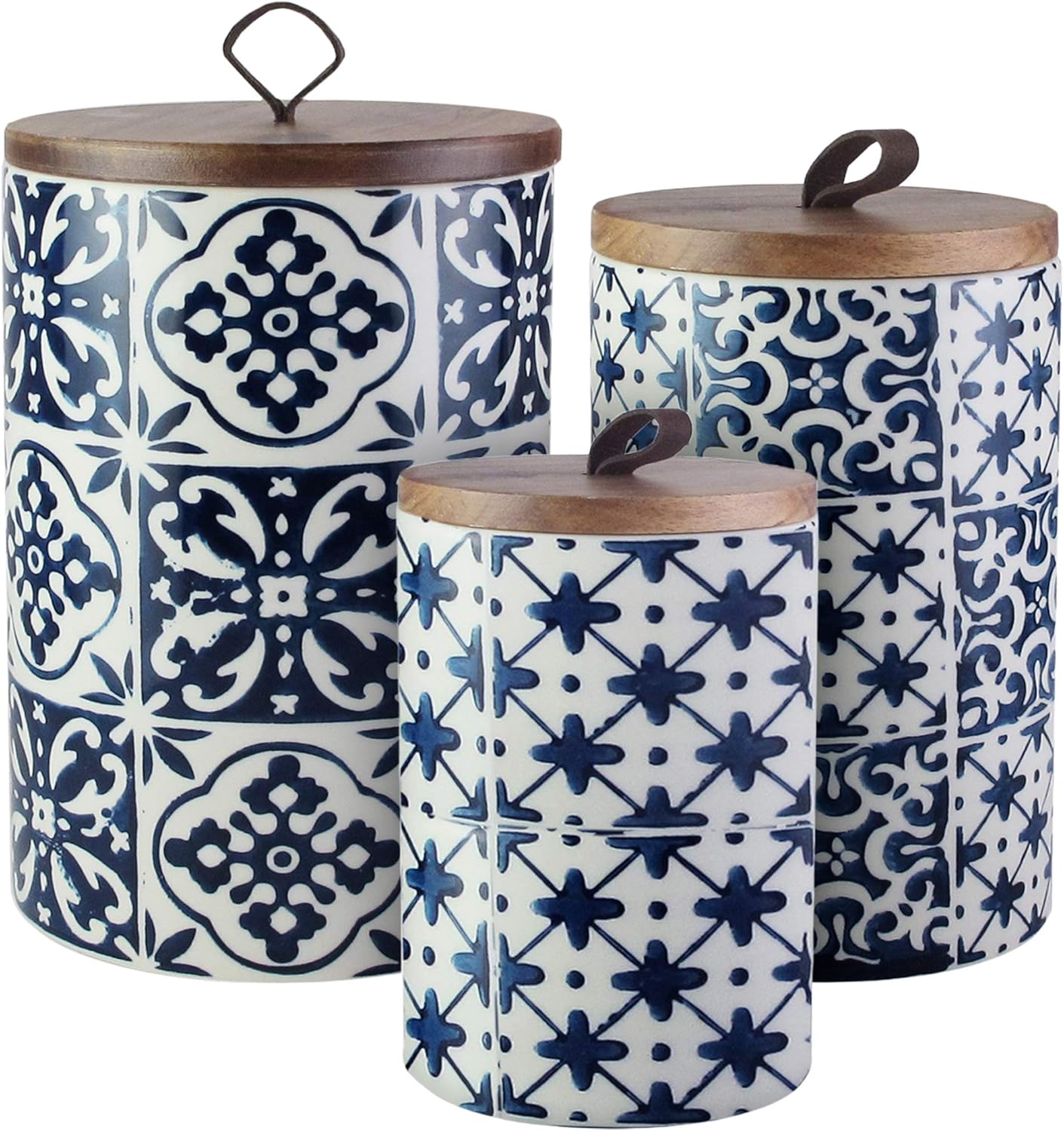 American Atelier Medallions Canister Set 3-Piece Ceramic Jars in Chic Design With Lids for Cookies, Candy, Coffee, Flour, Sugar, Rice, Pasta, Cereal & More Blue