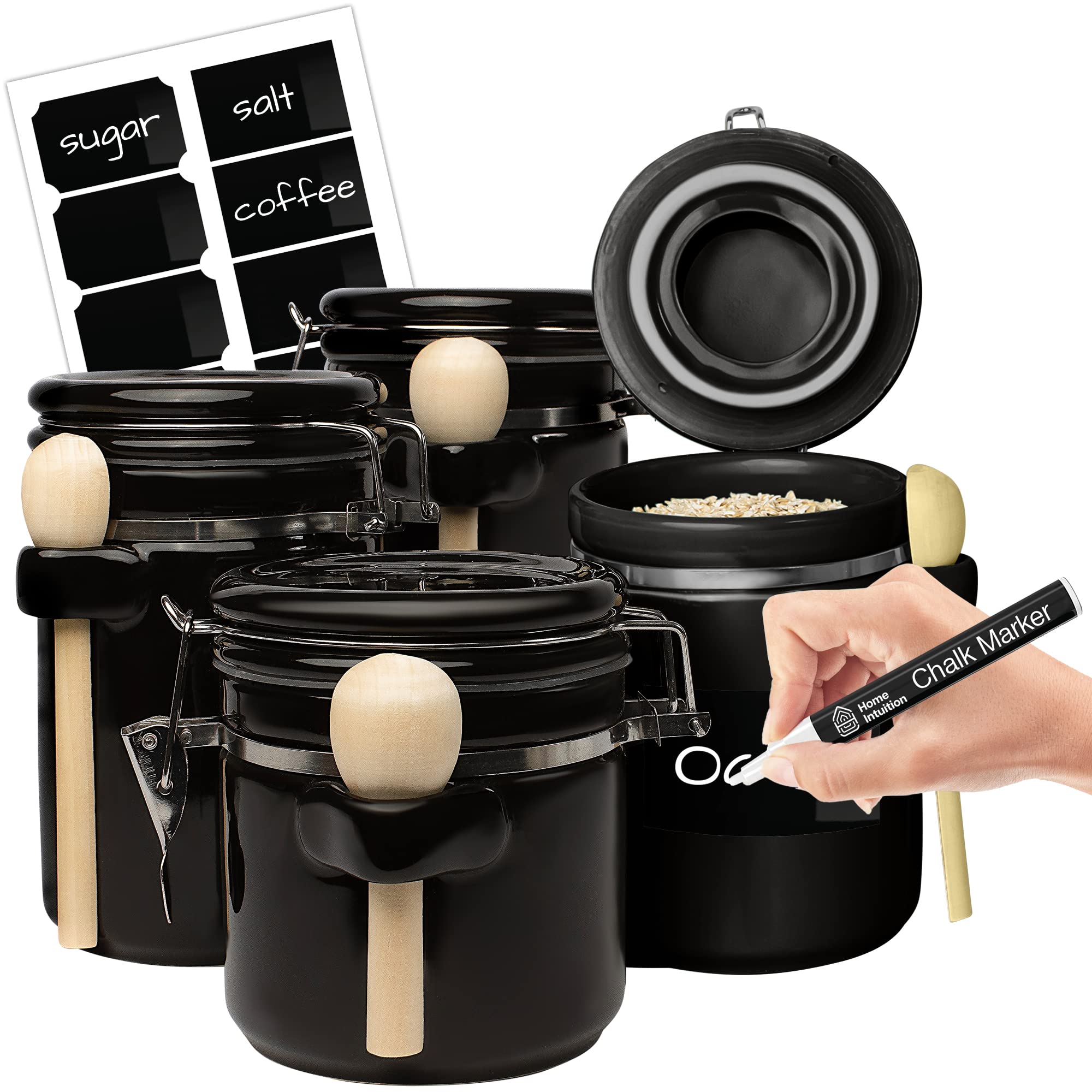 Home Intuition 4-Piece Ceramic Kitchen Canisters Set, Airtight Containers with Wooden Spoons Reusable Chalk Labels and Marker for Sugar, Coffee, Flour, Tea (Mint)