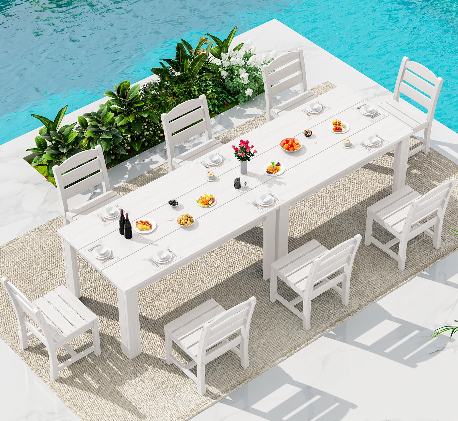 SERWALL HDPE Dining Set for 6: 1 Umbrella Hole Table, 4 Armless + 2 Armchairs. Includes 6 Plastic Woven Placemats – Heat-Resistant, Non-Slip & Easy to Clean. for Patio, Garden, Backyard. Black