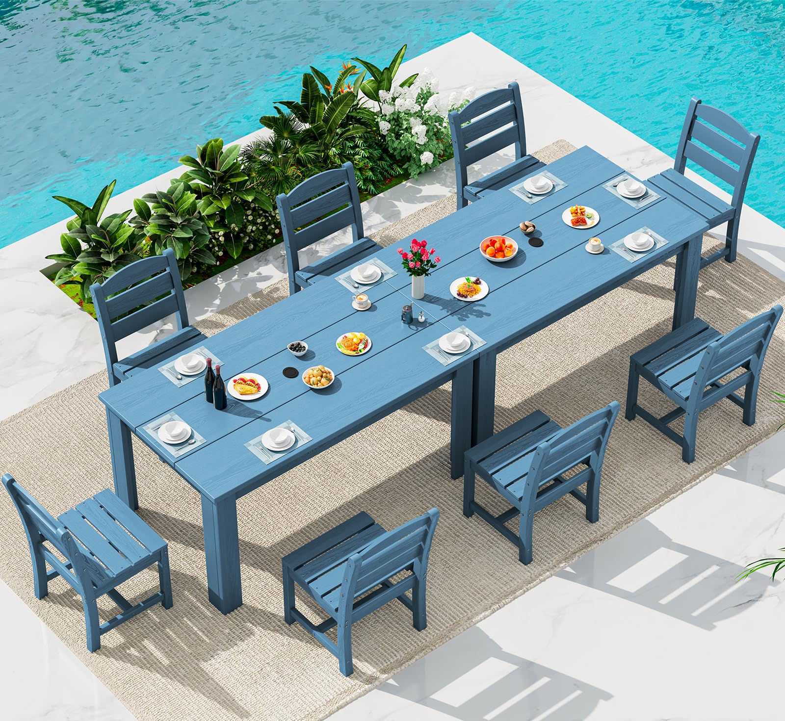 SERWALL HDPE Dining Set for 6: 1 Umbrella Hole Table, 4 Armless + 2 Armchairs. Includes 6 Plastic Woven Placemats – Heat-Resistant, Non-Slip & Easy to Clean. for Patio, Garden, Backyard. Black