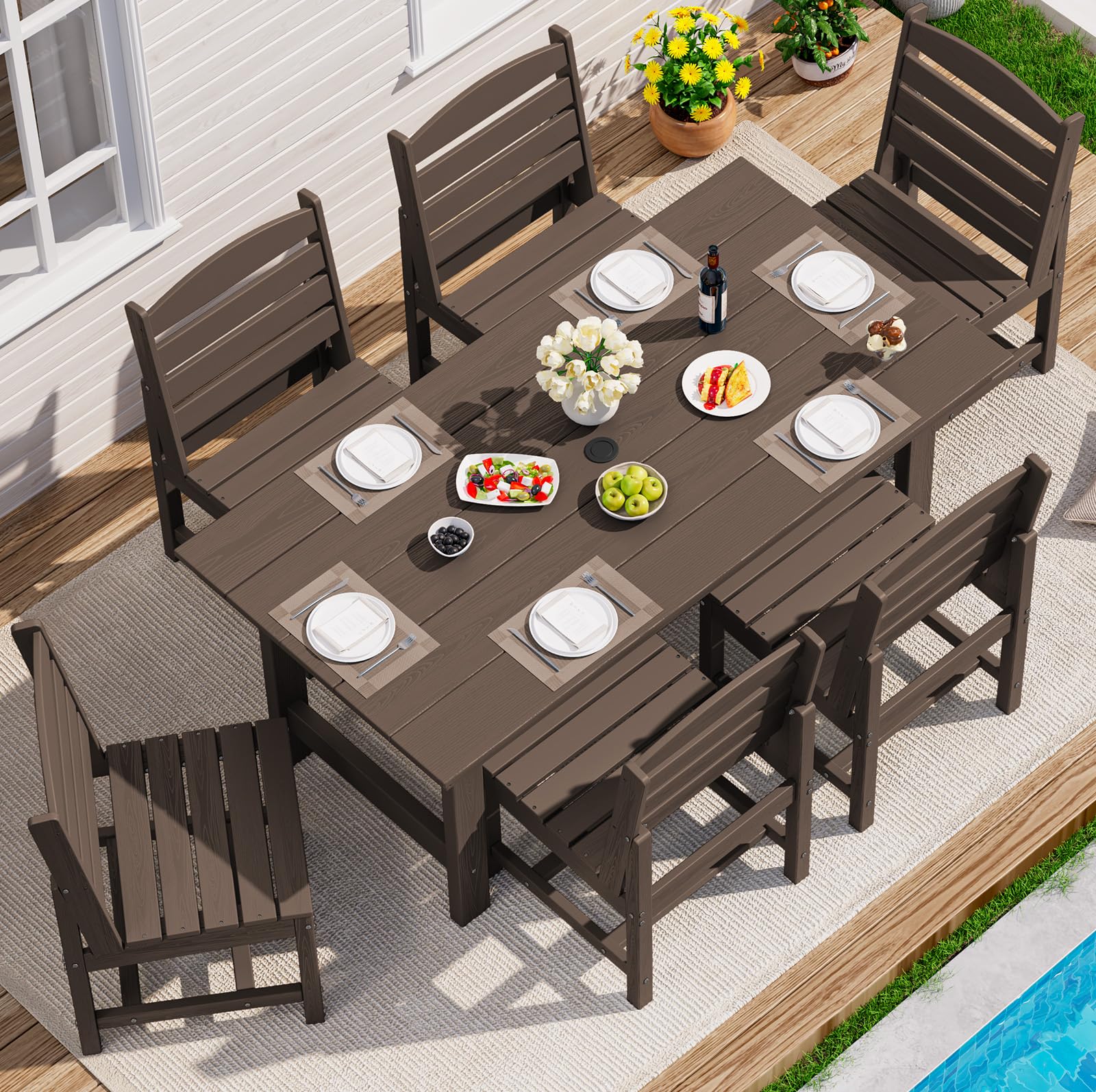 SERWALL Outdoor HDPE Dining Table Set, 7-Piece Outdoor Dining Table Sets with Umbrella Hole Cut-Out Table and 6 Chairs, Gray