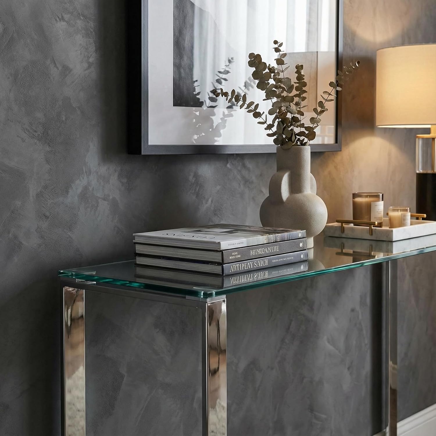 Cortesi Home Remi Contemporary Glass Console Table with Chrome Finish