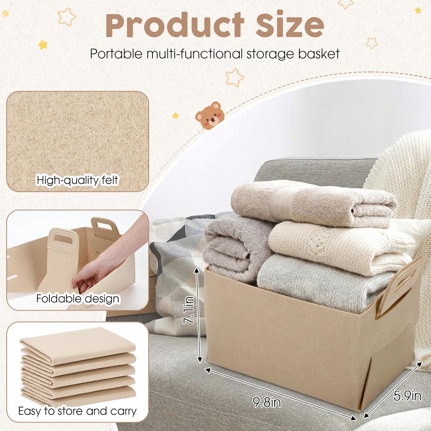 12 Pcs Storage Baskets Felt Storage Bin Beige Felt Collapsible Convenient Box Organizer with Carry Handles for Office Bedroom Closet Babies Nursery Toys Laundry (9.8×7.1×5.9in)