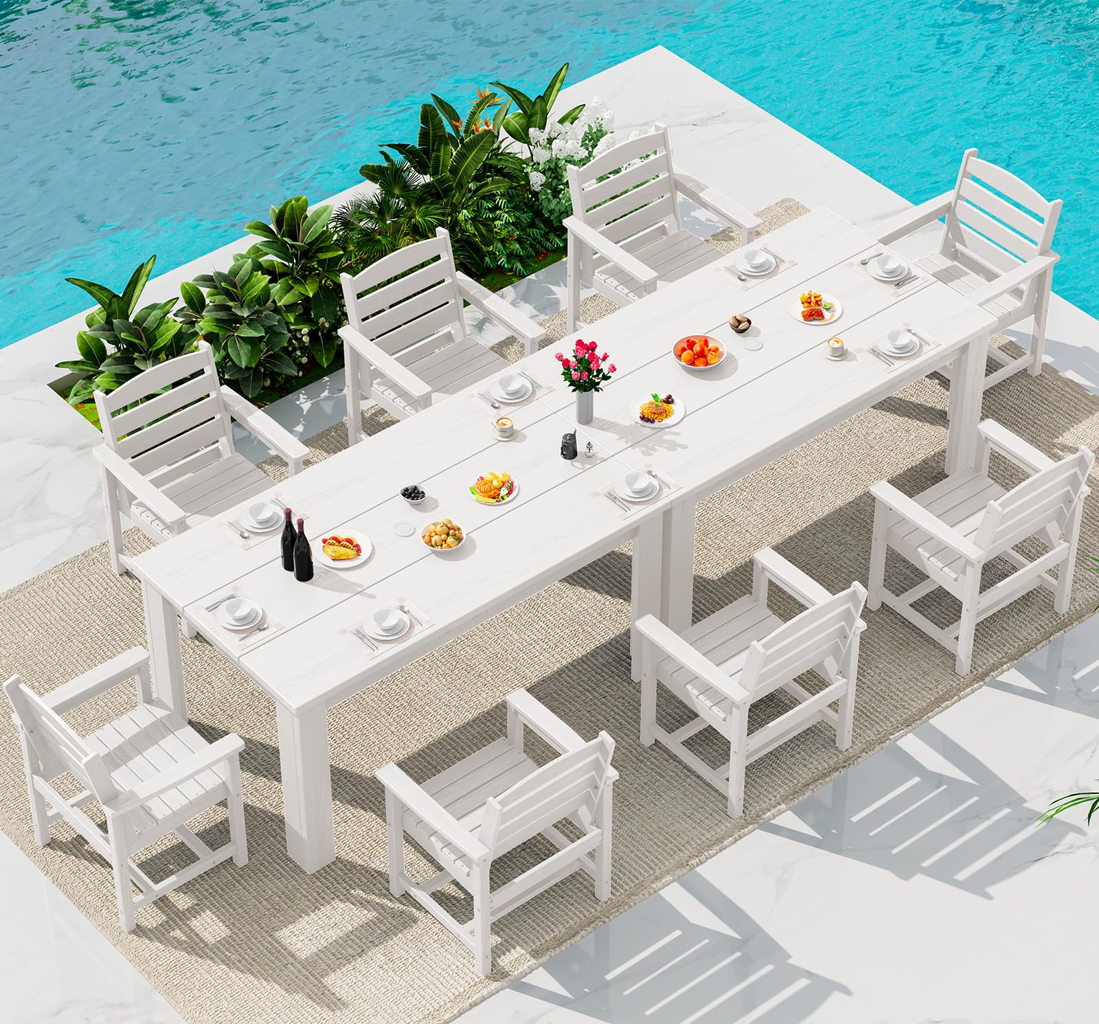 SERWALL HDPE Dining Set for 6: 1 Umbrella Hole Table, 4 Armless + 2 Armchairs. Includes 6 Plastic Woven Placemats – Heat-Resistant, Non-Slip & Easy to Clean. for Patio, Garden, Backyard. Black