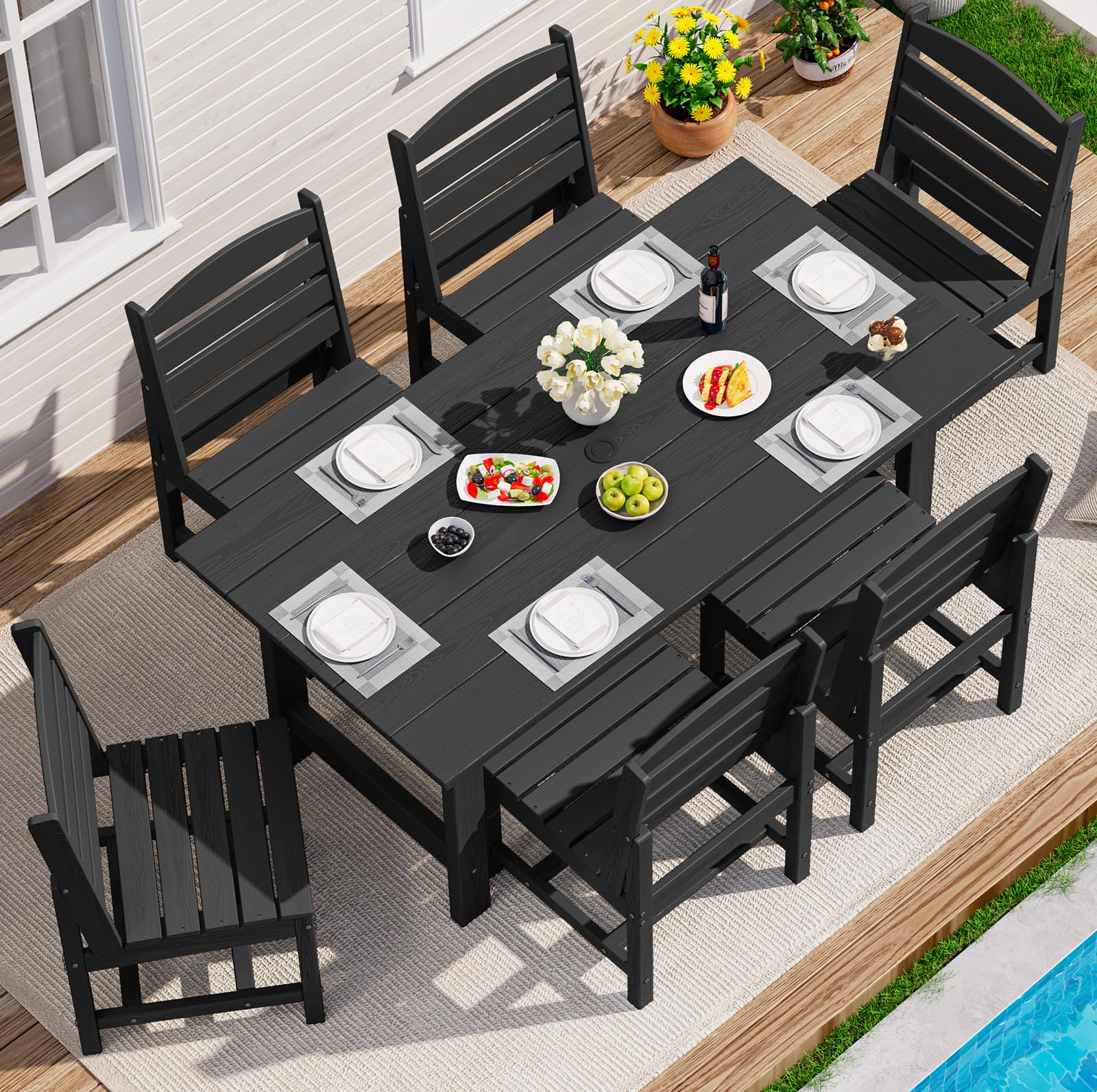 SERWALL Outdoor HDPE Dining Table Set, 7-Piece Outdoor Dining Table Sets with Umbrella Hole Cut-Out Table and 6 Chairs, Gray