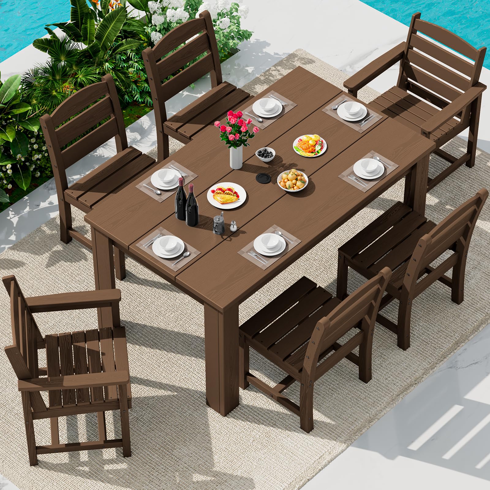 SERWALL HDPE Dining Set for 6: 1 Umbrella Hole Table, 4 Armless + 2 Armchairs. Includes 6 Plastic Woven Placemats – Heat-Resistant, Non-Slip & Easy to Clean. for Patio, Garden, Backyard. Black