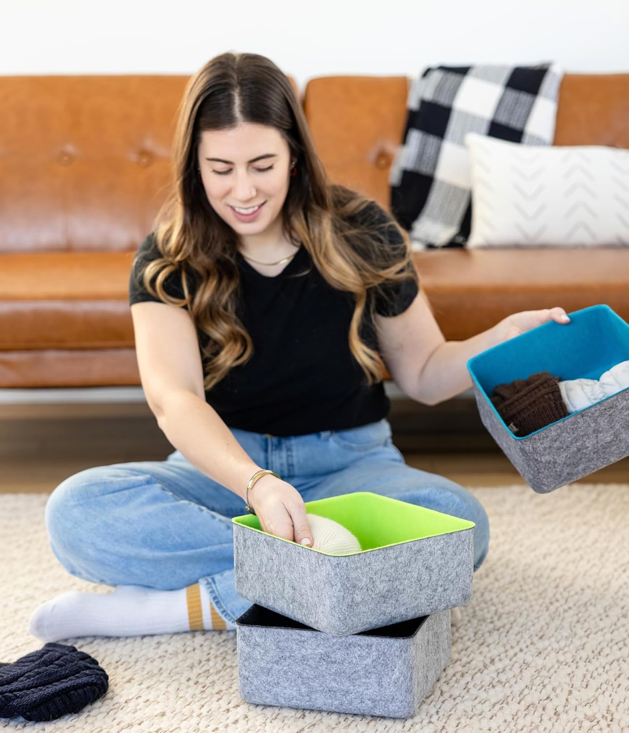 Three by Three Seattle Felt·Like·It! 9x9x4 Inch Felt Storage Bin for Office, Craft Room, Classroom, Living Room, Bedroom Storage (Charcoal) 4 Pack
