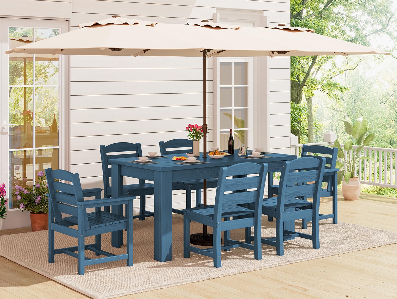 SERWALL HDPE Dining Set for 6: 1 Umbrella Hole Table, 4 Armless + 2 Armchairs. Includes 6 Plastic Woven Placemats – Heat-Resistant, Non-Slip & Easy to Clean. for Patio, Garden, Backyard. Black