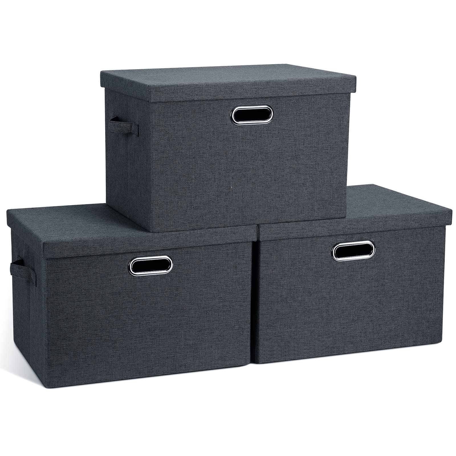 Graciadeco Large 17" 36 Quart Collapsible Stackable Storage Bins with Lids, 3 Packs Dark Gray Foldable Fabric Closet Storage Boxes with Lids, Heavy-duty Linen Cube Baskets(17x12x11)