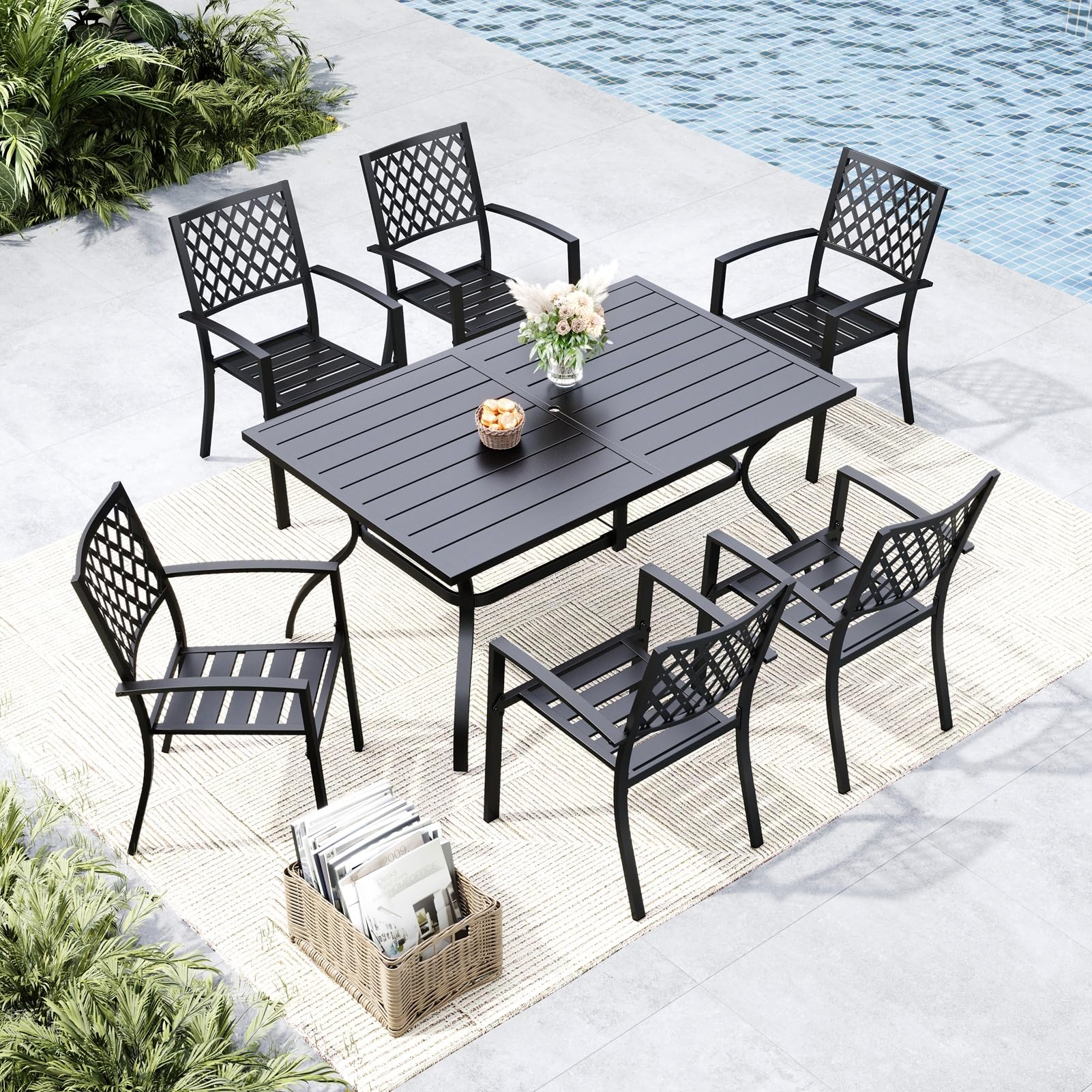 MFSTUDIO Outdoor Dining Set for 6, Patio Table and Chairs Set with Umbrella Hole, 7 Piece Metal Patio Furniture Set for Deck Backyard Poolside Garden
