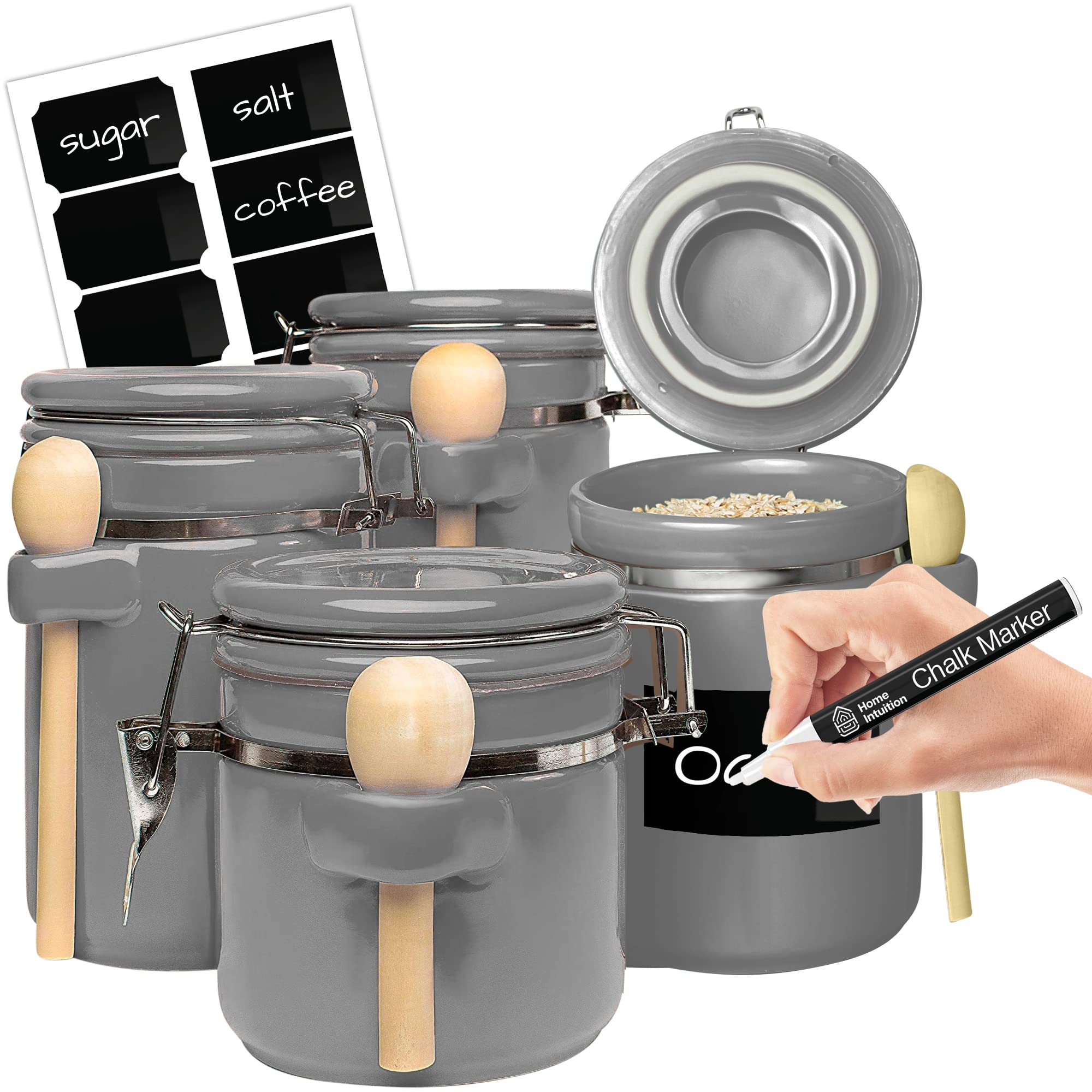 Home Intuition 4-Piece Ceramic Kitchen Canisters Set, Airtight Containers with Wooden Spoons Reusable Chalk Labels and Marker for Sugar, Coffee, Flour, Tea (Mint)
