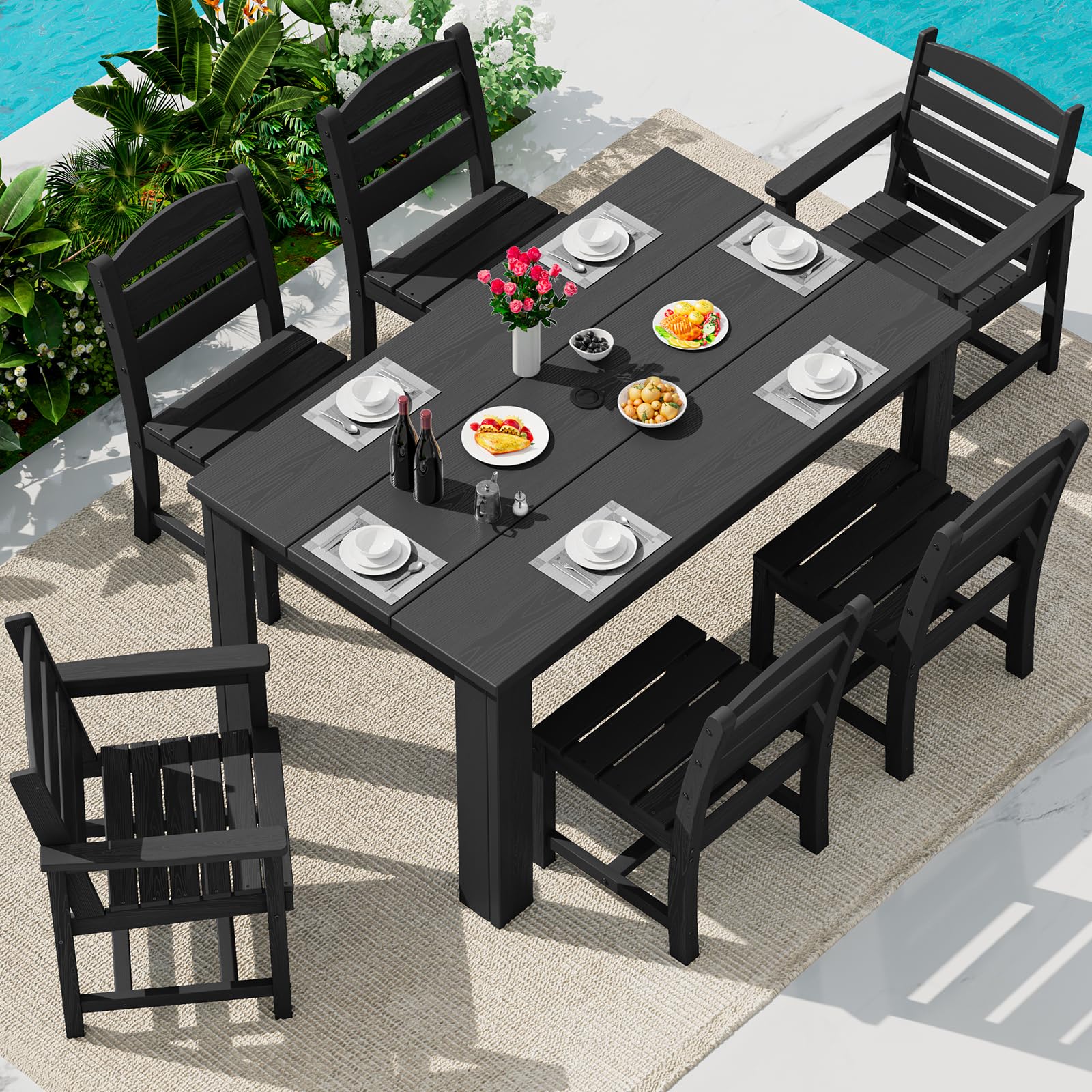 SERWALL HDPE Dining Set for 6: 1 Umbrella Hole Table, 4 Armless + 2 Armchairs. Includes 6 Plastic Woven Placemats – Heat-Resistant, Non-Slip & Easy to Clean. for Patio, Garden, Backyard. Black