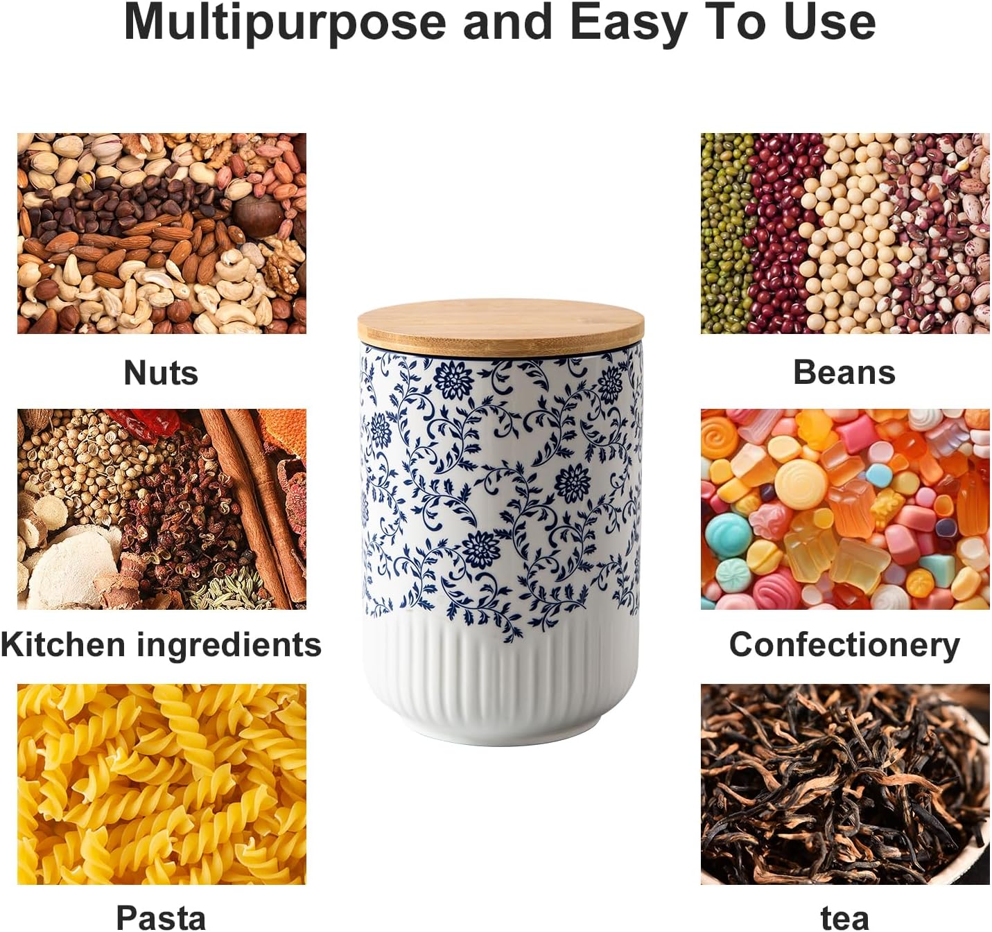 Canisters Sets for Kitchen - Ceramic Kitchen Containers for Countertop with Airtight Wood Lids - Flour and Sugar Containers for Coffee Tea Spice Beans Cookie Jars - Blue Set of 3
