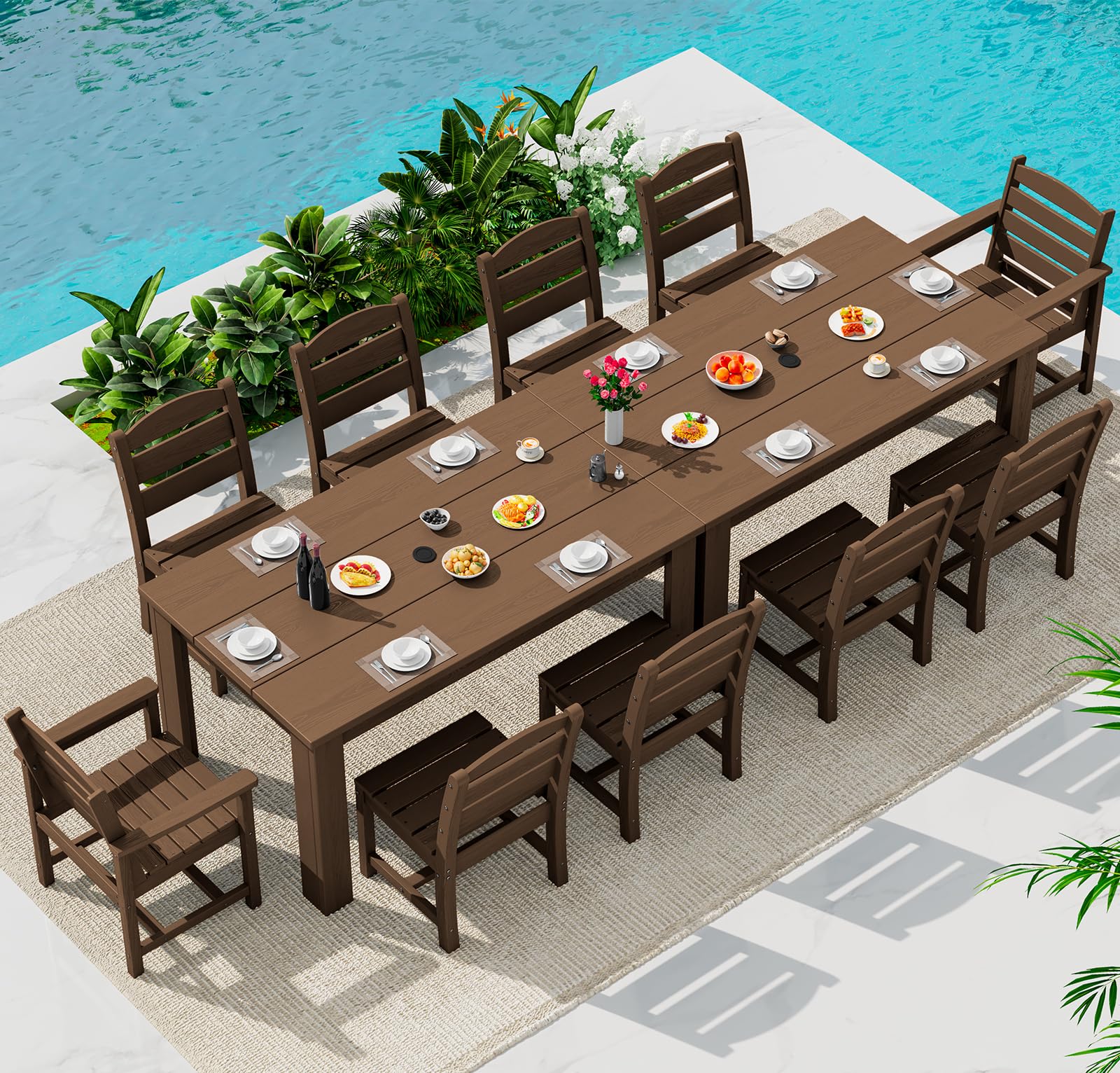 SERWALL HDPE Dining Set for 6: 1 Umbrella Hole Table, 4 Armless + 2 Armchairs. Includes 6 Plastic Woven Placemats – Heat-Resistant, Non-Slip & Easy to Clean. for Patio, Garden, Backyard. Black