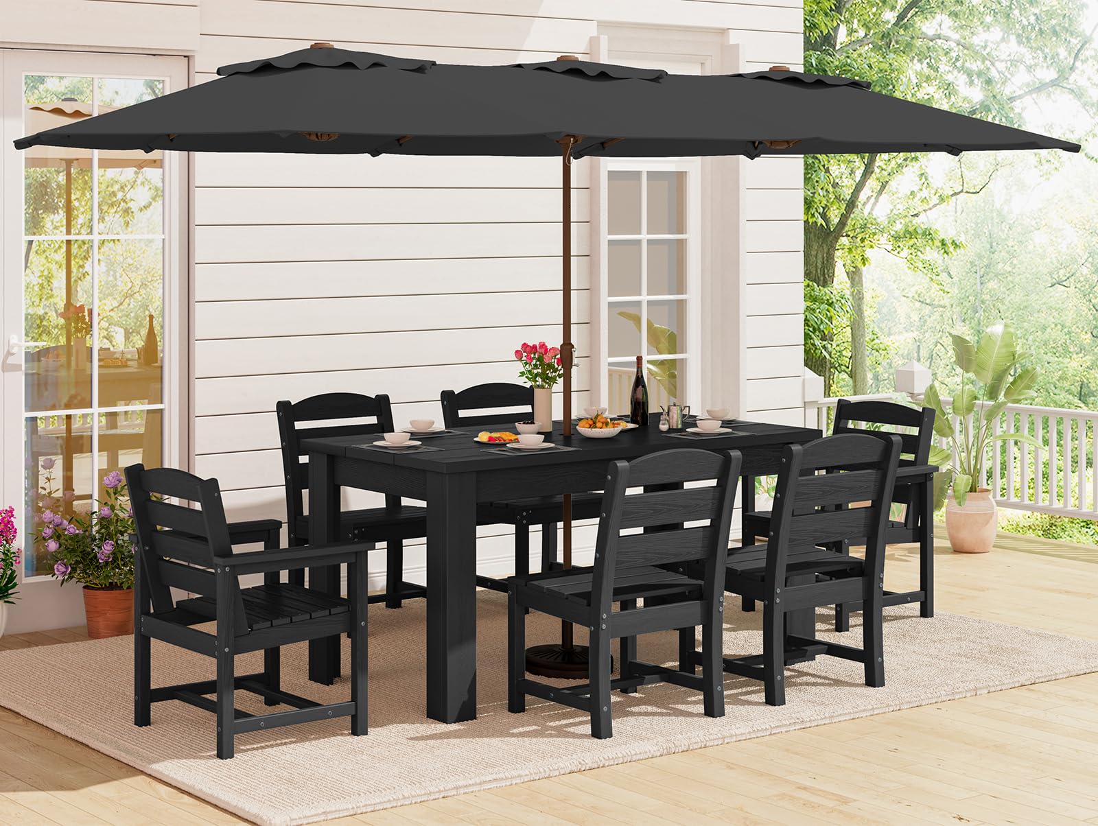 SERWALL HDPE Dining Set for 6: 1 Umbrella Hole Table, 4 Armless + 2 Armchairs. Includes 6 Plastic Woven Placemats – Heat-Resistant, Non-Slip & Easy to Clean. for Patio, Garden, Backyard. Black