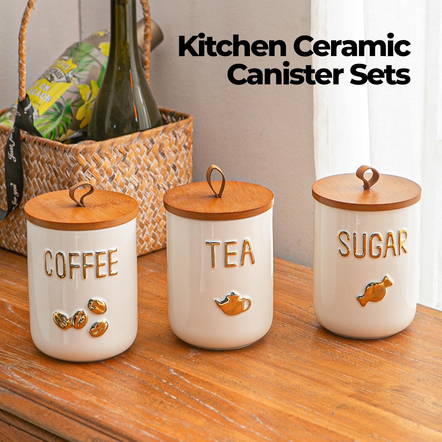 White Ceramic Canister Set for Coffee Tea Sugar, 3-Piece Food Storage Jars with Wood Airtight Lids, Decorative Small Container for Kitchen Pantry Counter - 25oz