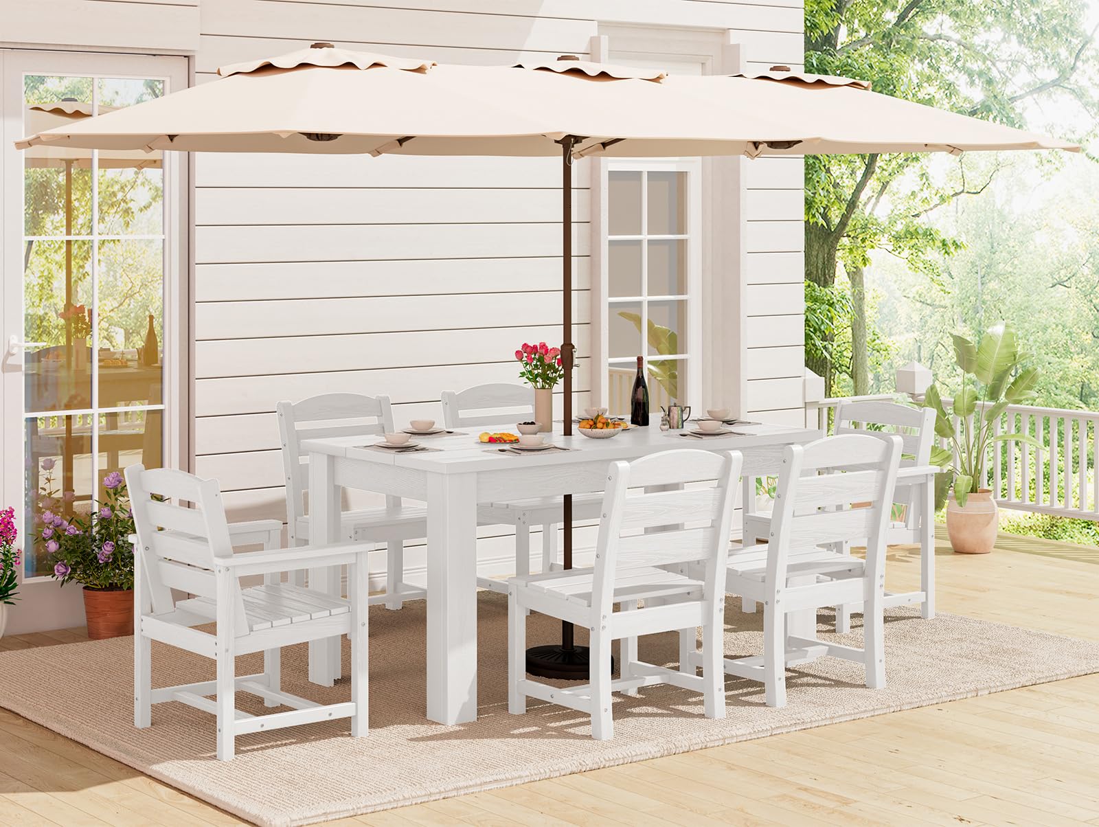 SERWALL HDPE Dining Set for 6: 1 Umbrella Hole Table, 4 Armless + 2 Armchairs. Includes 6 Plastic Woven Placemats – Heat-Resistant, Non-Slip & Easy to Clean. for Patio, Garden, Backyard. Black