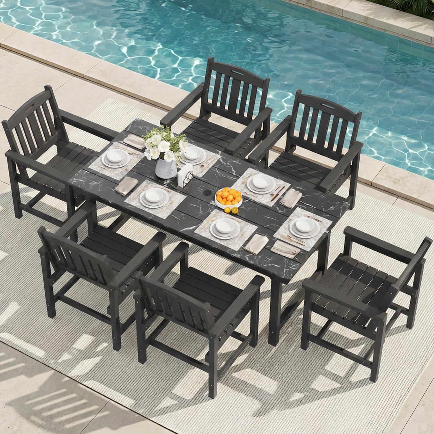 Mdeam 7-Piece HIPS Outdoor Dining Set, 66.9" Marble Texture Patio Table with Umbrella Hole, 440LBS Capacity, 6 Wider Chairs, Dining Table Set for 6, Outdoor Furniture with Galvanized Steel Frame, Grey