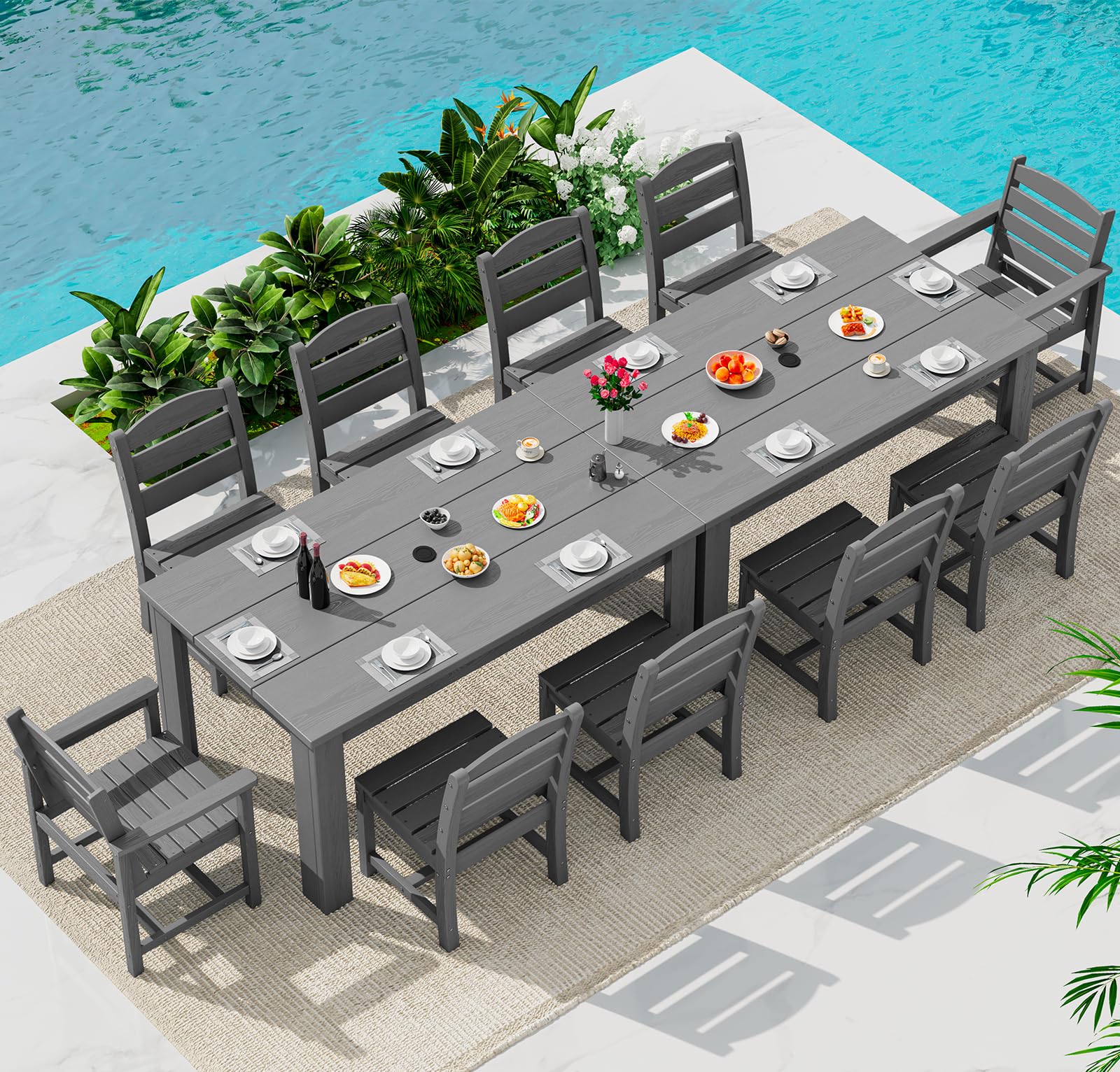 SERWALL HDPE Dining Set for 6: 1 Umbrella Hole Table, 4 Armless + 2 Armchairs. Includes 6 Plastic Woven Placemats – Heat-Resistant, Non-Slip & Easy to Clean. for Patio, Garden, Backyard. Black