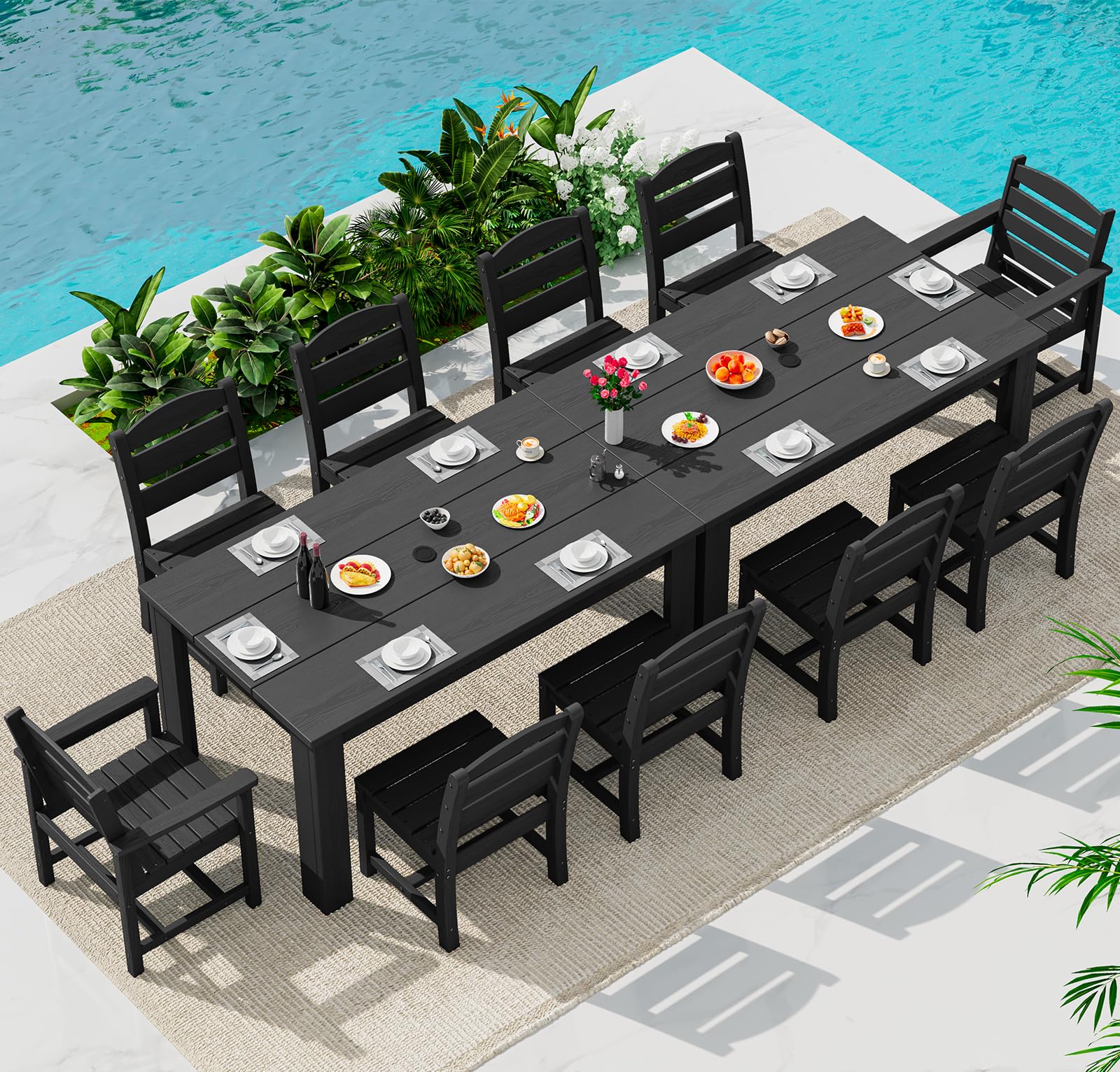 SERWALL HDPE Dining Set for 6: 1 Umbrella Hole Table, 4 Armless + 2 Armchairs. Includes 6 Plastic Woven Placemats – Heat-Resistant, Non-Slip & Easy to Clean. for Patio, Garden, Backyard. Black