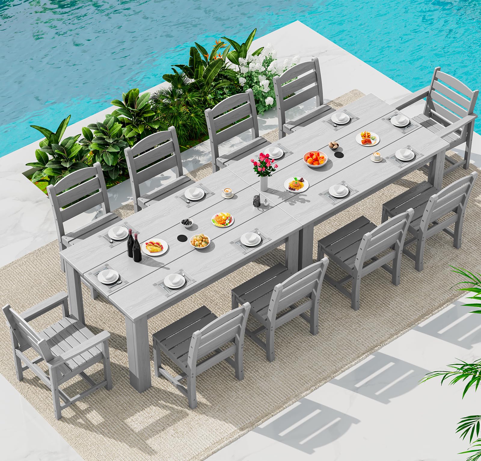 SERWALL HDPE Dining Set for 6: 1 Umbrella Hole Table, 4 Armless + 2 Armchairs. Includes 6 Plastic Woven Placemats – Heat-Resistant, Non-Slip & Easy to Clean. for Patio, Garden, Backyard. Black