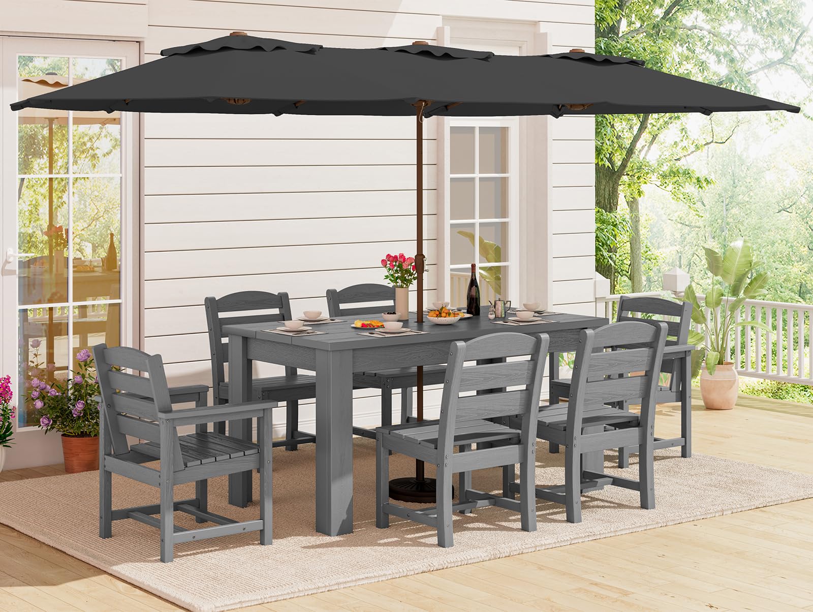 SERWALL HDPE Dining Set for 6: 1 Umbrella Hole Table, 4 Armless + 2 Armchairs. Includes 6 Plastic Woven Placemats – Heat-Resistant, Non-Slip & Easy to Clean. for Patio, Garden, Backyard. Black