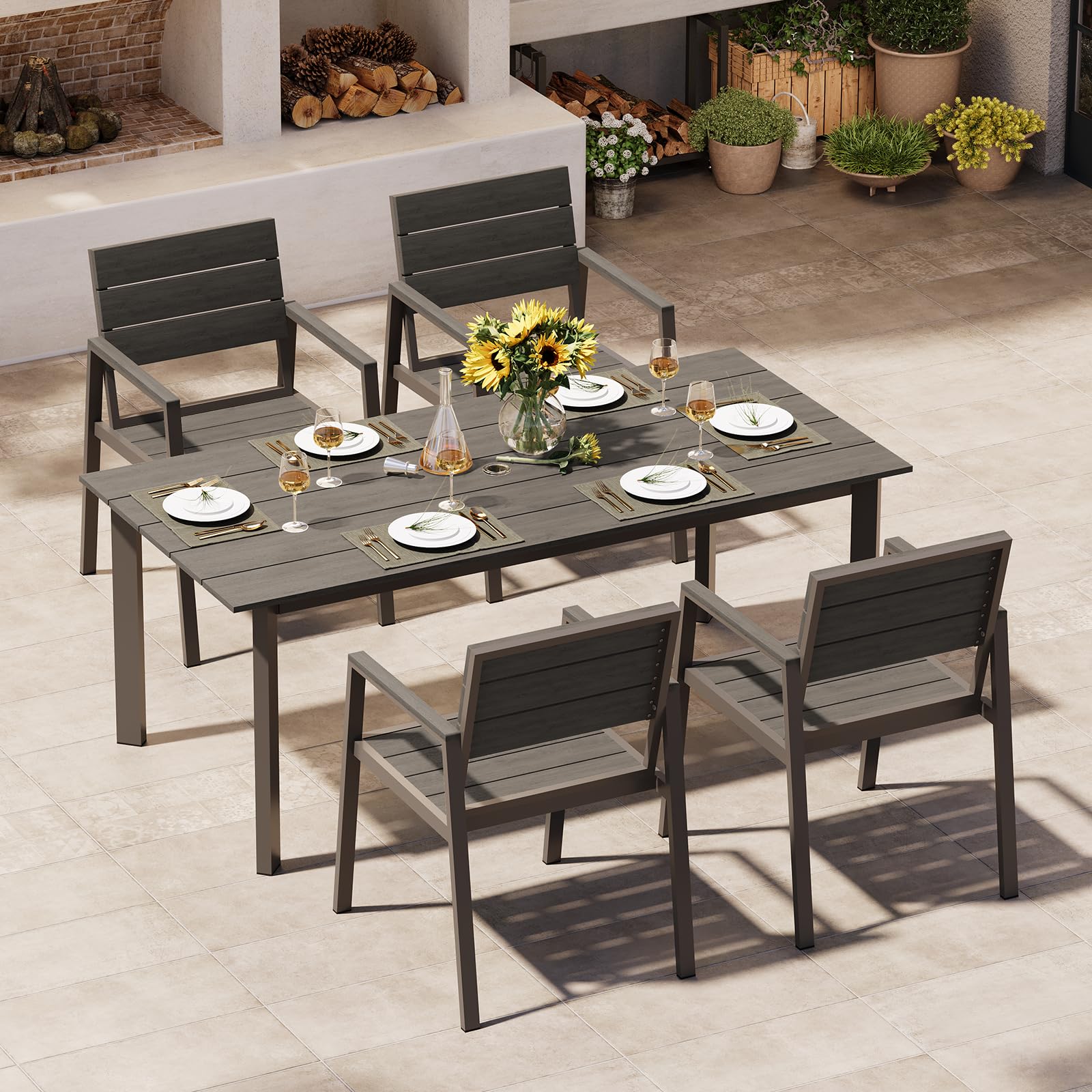 Outdoor Dining Set, Patio Table and Chairs Set with Umbrella Hole, 7 Pieces HDPS + Aluminum Patio Dining Furniture Set for Backyard, Garden (Gray & Teak)