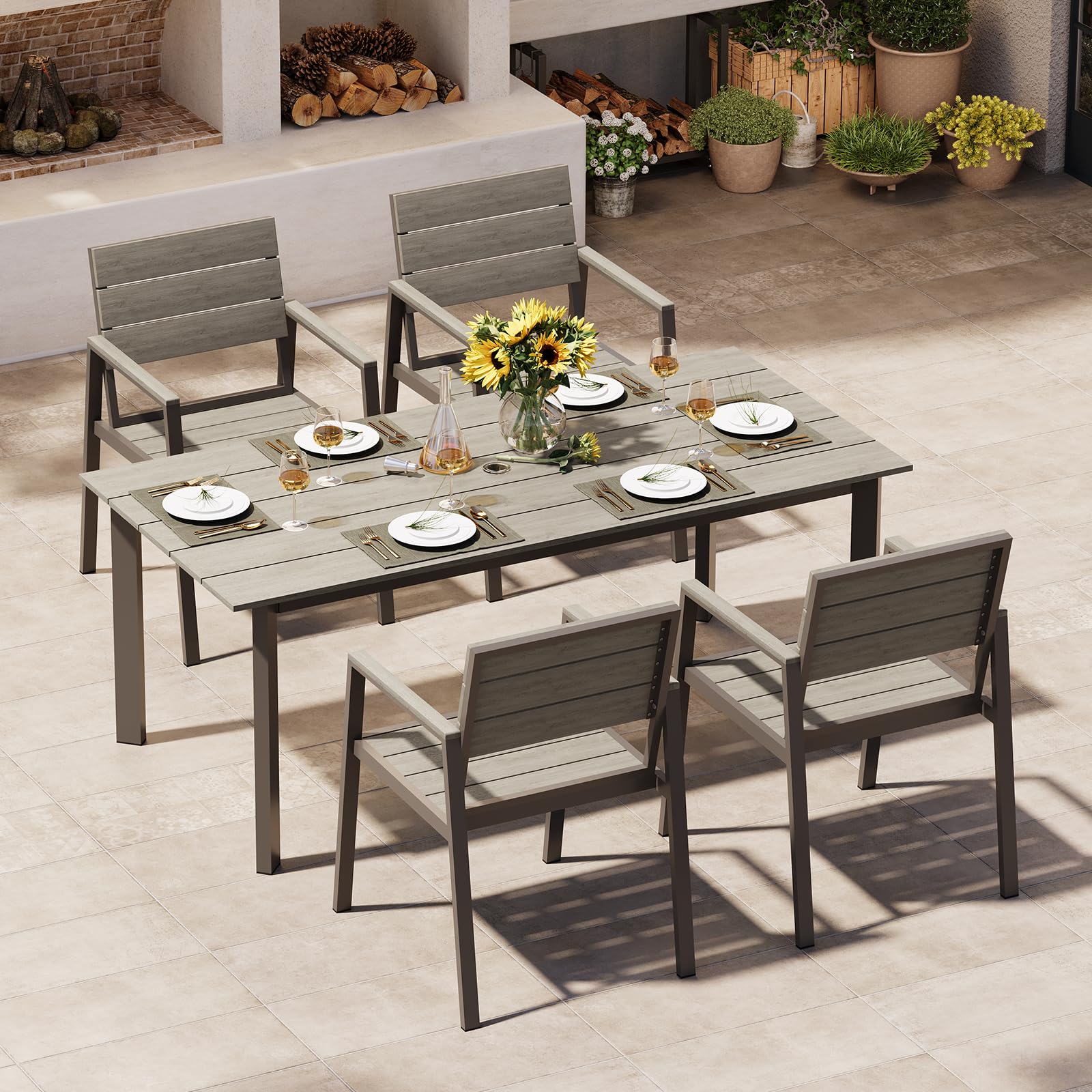Outdoor Dining Set, Patio Table and Chairs Set with Umbrella Hole, 7 Pieces HDPS + Aluminum Patio Dining Furniture Set for Backyard, Garden (Gray & Teak)