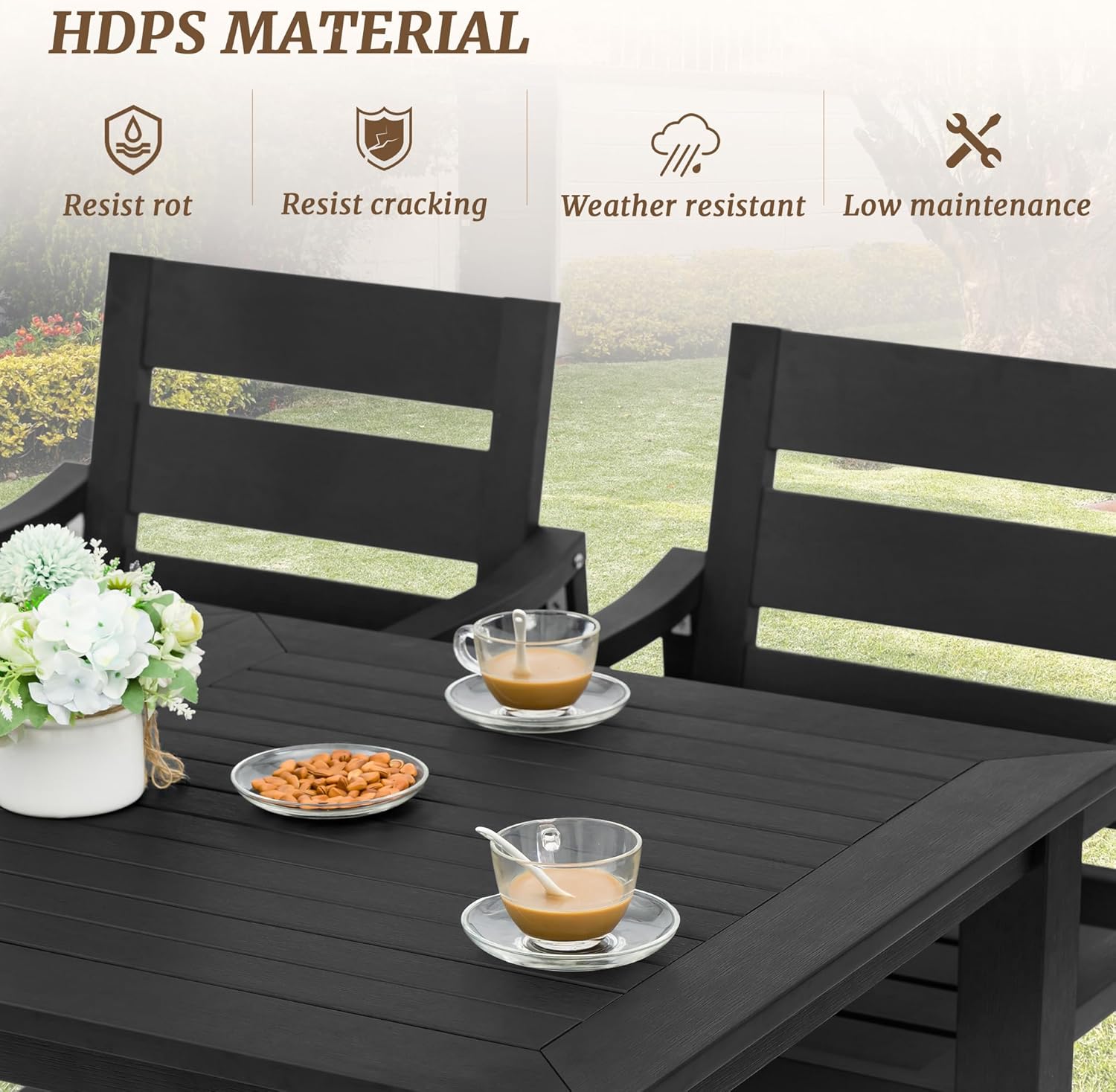Cozyman Patio Table and Chairs Set, HDPS Outdoor Dining Set for 6, Patio Furniture for Deck, Poolside, and Backyard, Black