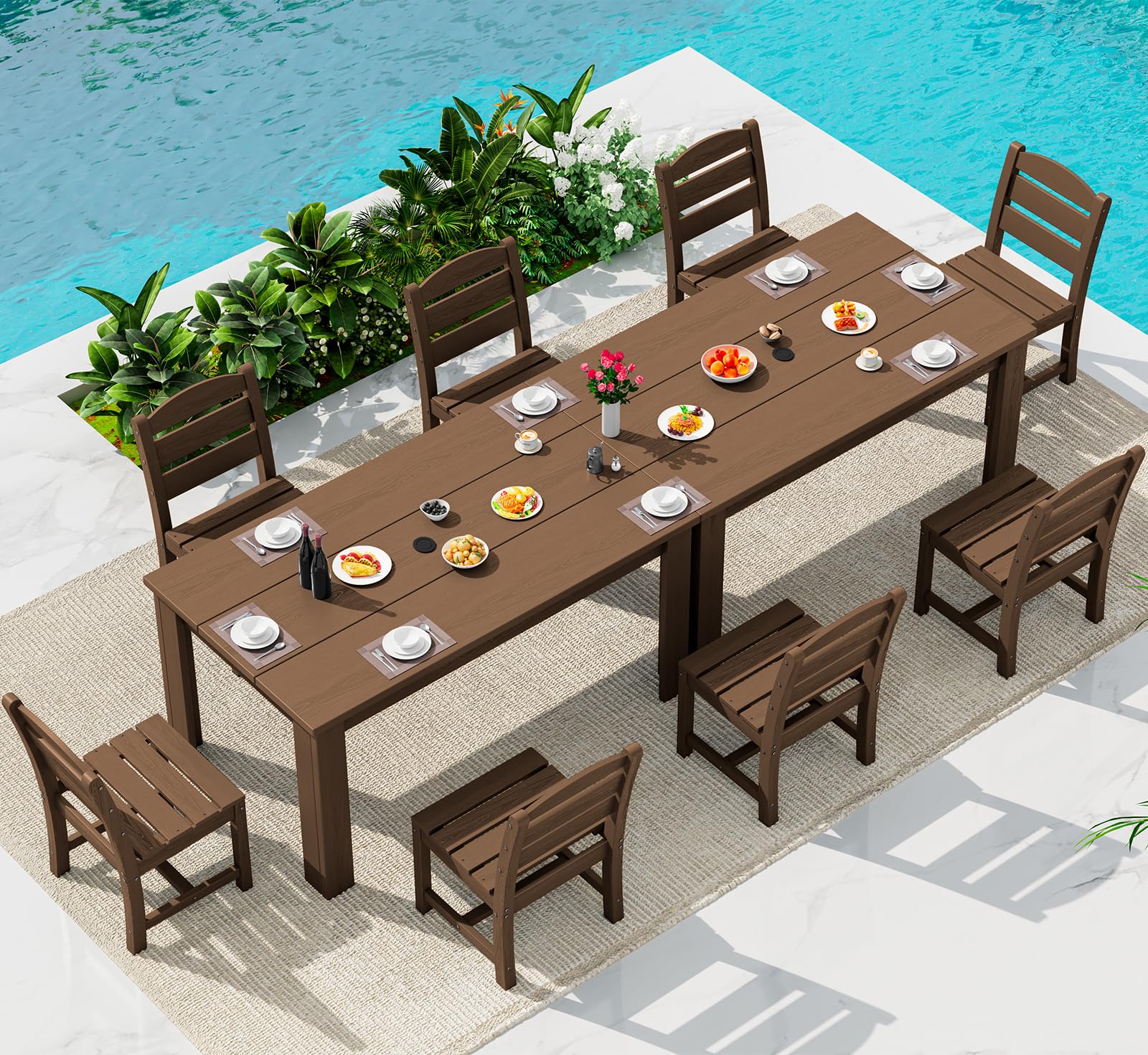 SERWALL HDPE Dining Set for 6: 1 Umbrella Hole Table, 4 Armless + 2 Armchairs. Includes 6 Plastic Woven Placemats – Heat-Resistant, Non-Slip & Easy to Clean. for Patio, Garden, Backyard. Black