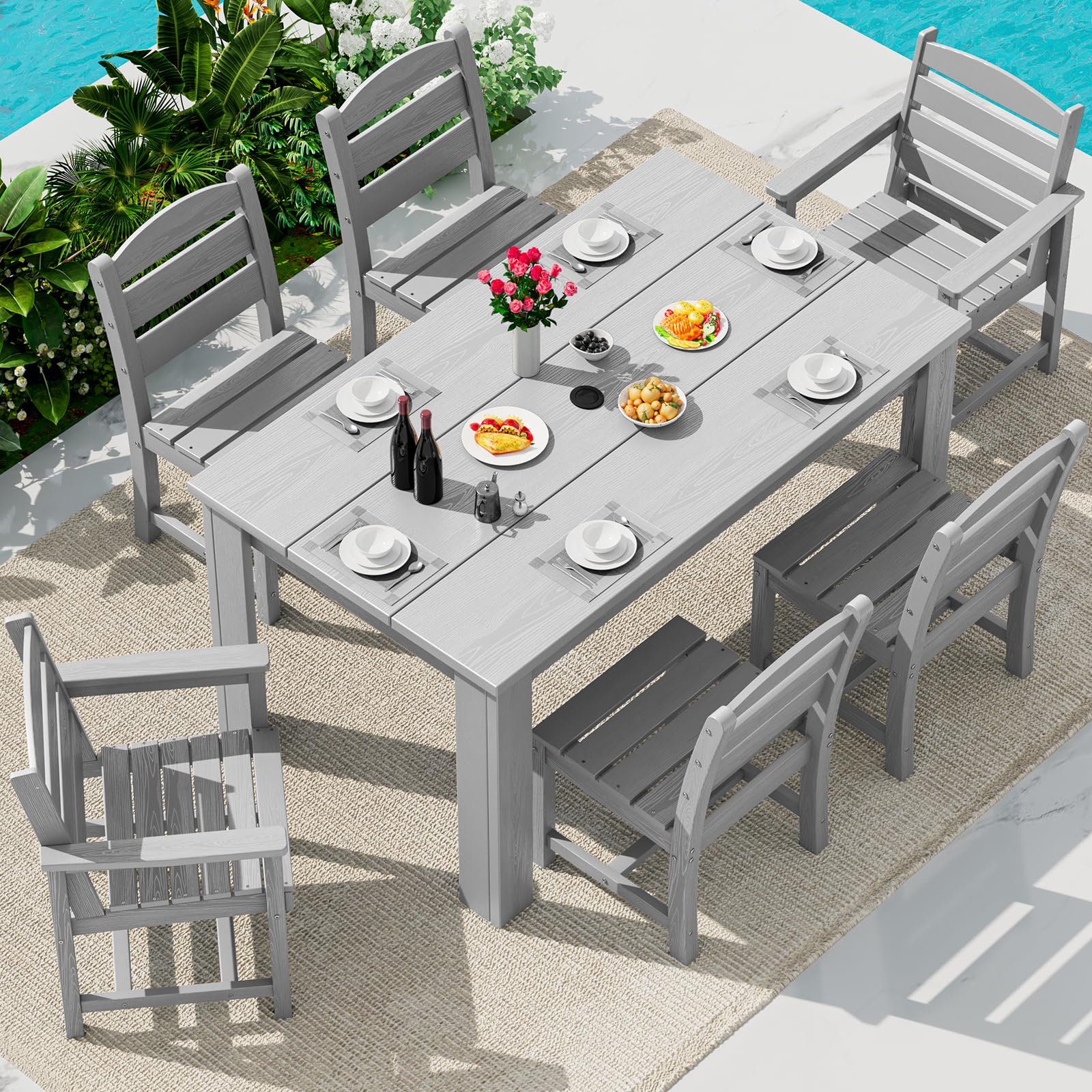 SERWALL HDPE Dining Set for 6: 1 Umbrella Hole Table, 4 Armless + 2 Armchairs. Includes 6 Plastic Woven Placemats – Heat-Resistant, Non-Slip & Easy to Clean. for Patio, Garden, Backyard. Black