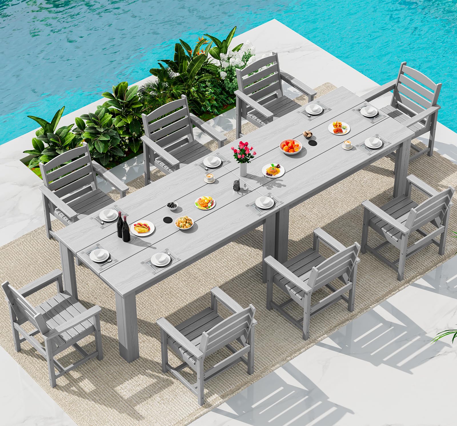SERWALL HDPE Dining Set for 6: 1 Umbrella Hole Table, 4 Armless + 2 Armchairs. Includes 6 Plastic Woven Placemats – Heat-Resistant, Non-Slip & Easy to Clean. for Patio, Garden, Backyard. Black