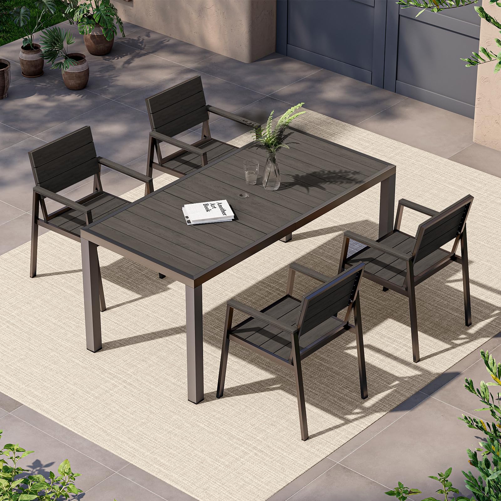 Vexwalx 7-Piece Outdoor Dining Set, Aluminum Dining Table Set for 6, Patio Table and Chairs Set with Umbrella Hole, All Weather HDPS Outdoor Table and Chairs for 6 (Gray-Teak)