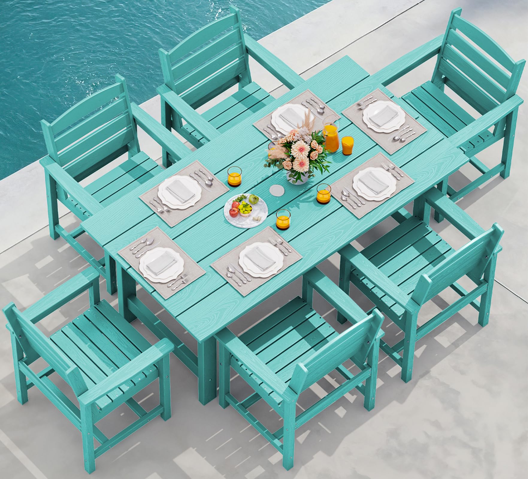 SERWALL Outdoor HDPE Dining Table Set, 7-Piece Outdoor Dining Table Sets with Umbrella Hole Cut-Out Table and 6 Chairs, Gray