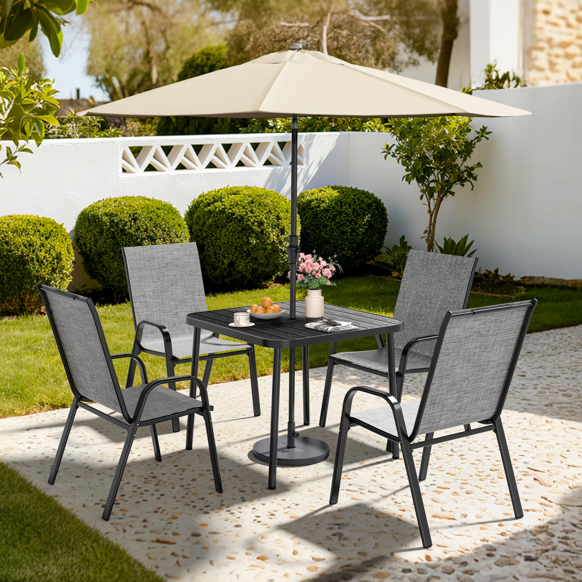 Pamapic Outdoor Dining Sets for 6, Rectangular Steel Slat Table with 6 Textilene Chairs, 7 Piece Patio Table and Chairs Set with Umbrella Hole for Patio, Garden, Backyard and Poolside (Grey)