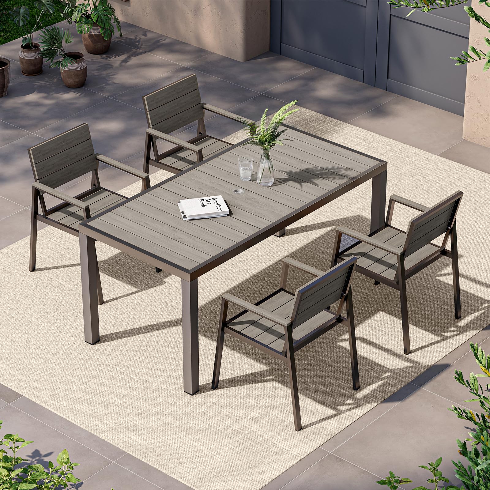 Vexwalx 7-Piece Outdoor Dining Set, Aluminum Dining Table Set for 6, Patio Table and Chairs Set with Umbrella Hole, All Weather HDPS Outdoor Table and Chairs for 6 (Gray-Teak)