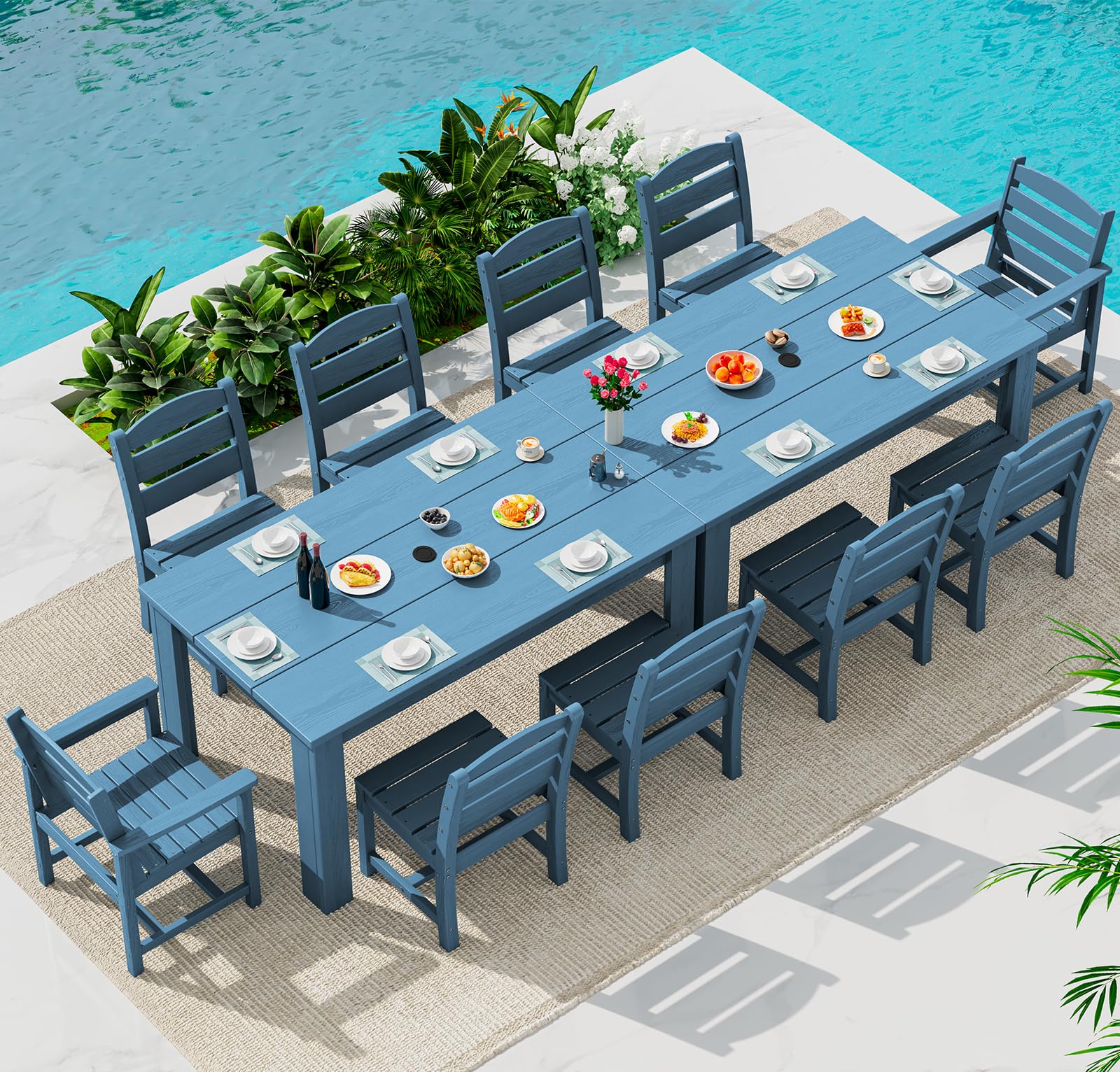 SERWALL HDPE Dining Set for 6: 1 Umbrella Hole Table, 4 Armless + 2 Armchairs. Includes 6 Plastic Woven Placemats – Heat-Resistant, Non-Slip & Easy to Clean. for Patio, Garden, Backyard. Black